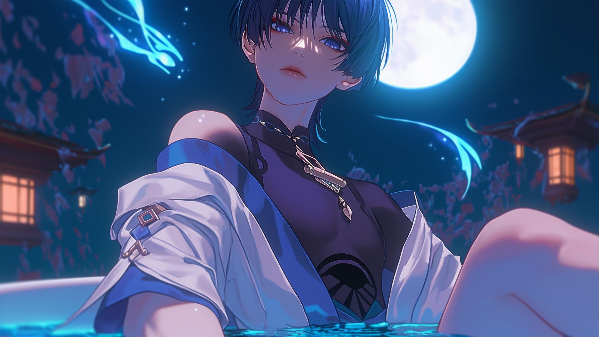 Scaramouche from Genshin Impact resting in a tub, lit by moonlight.