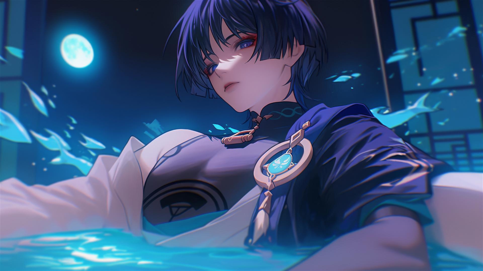 Scaramouche from Genshin Impact resting in a tub, lit by moonlight.