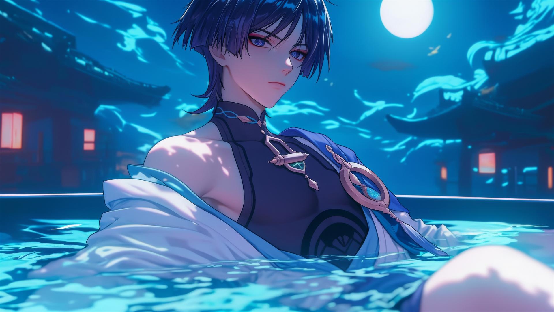 Scaramouche from Genshin Impact resting in a tub under moonlight
