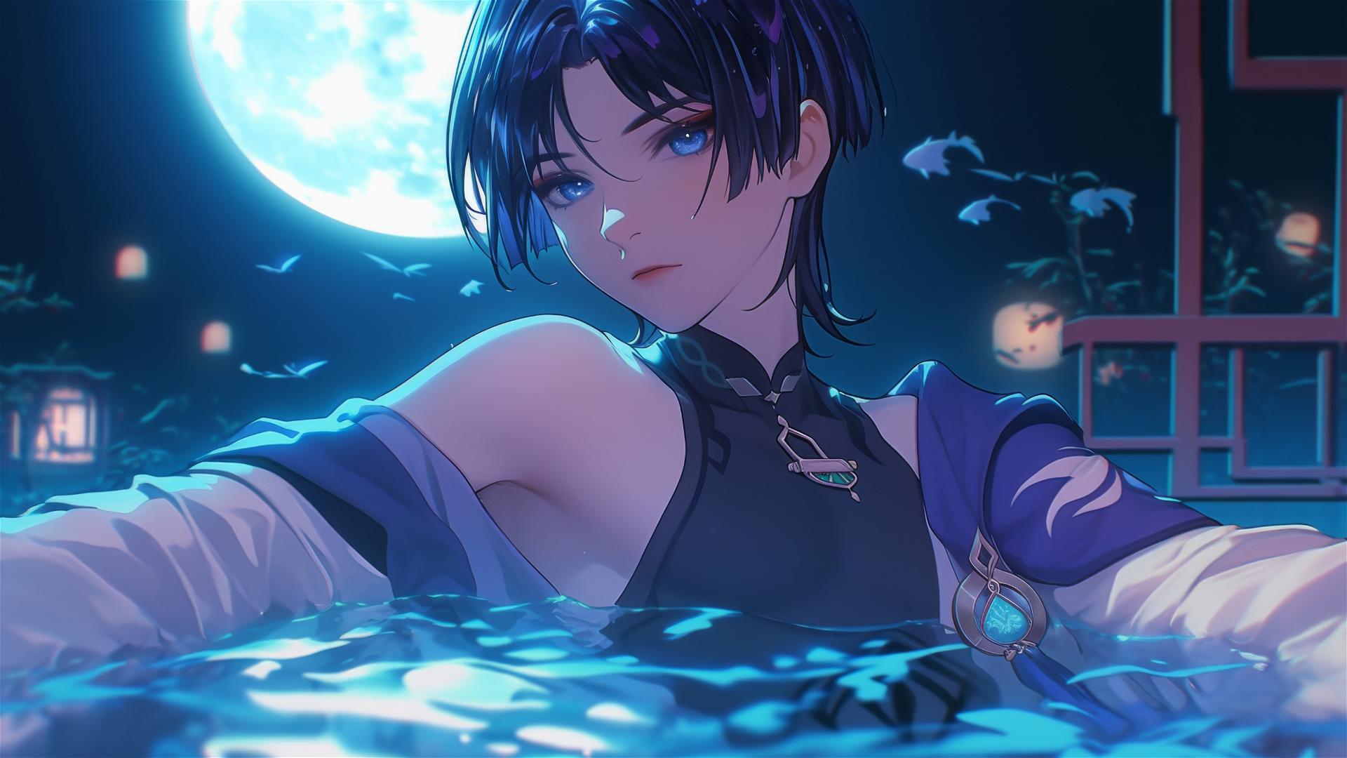 Scaramouche from Genshin Impact, slender and beautiful, resting in a tub with moonlight.
