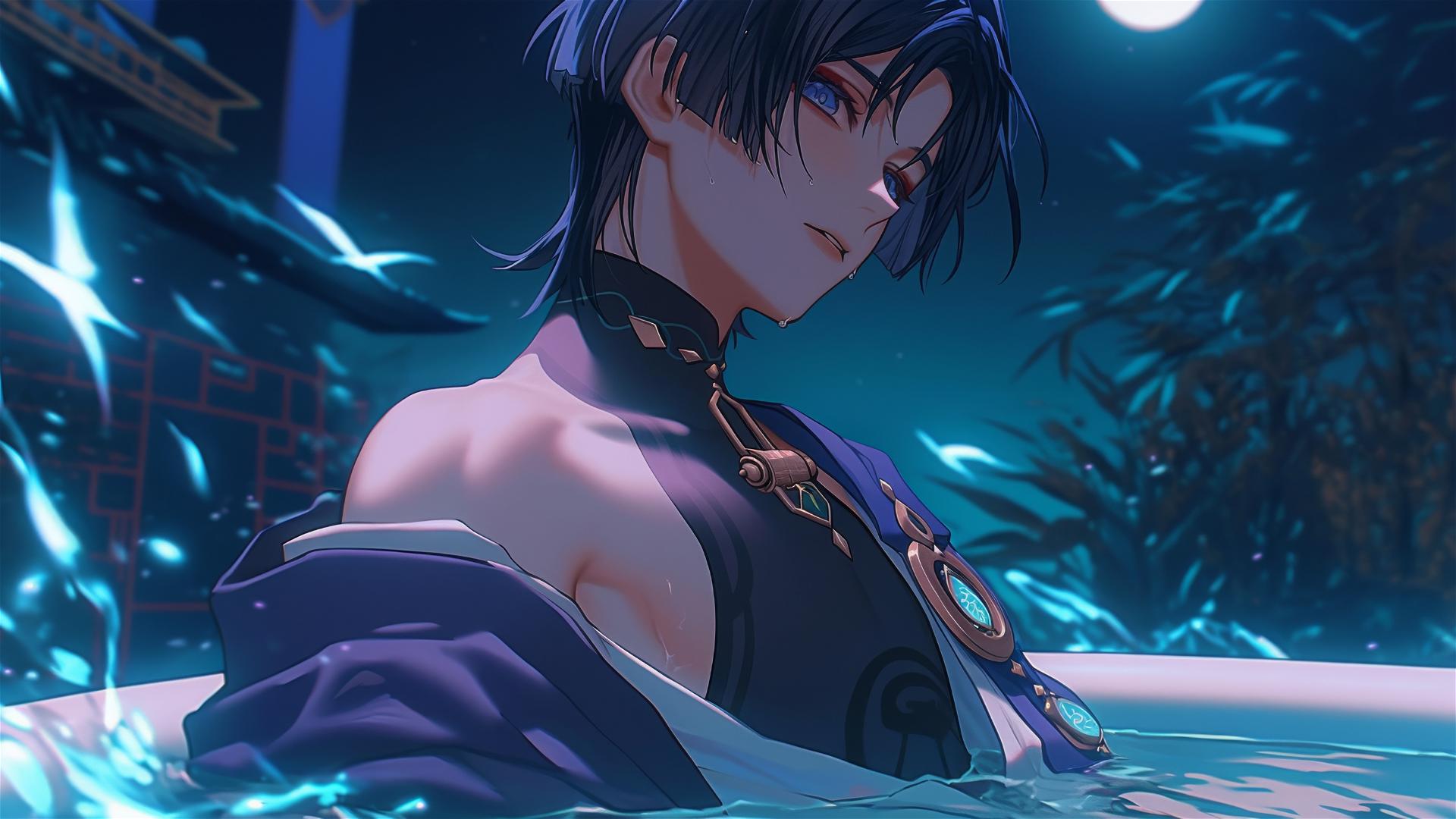 Scaramouche from Genshin Impact, slender with short indigo hair, resting in a tub under moonlight.