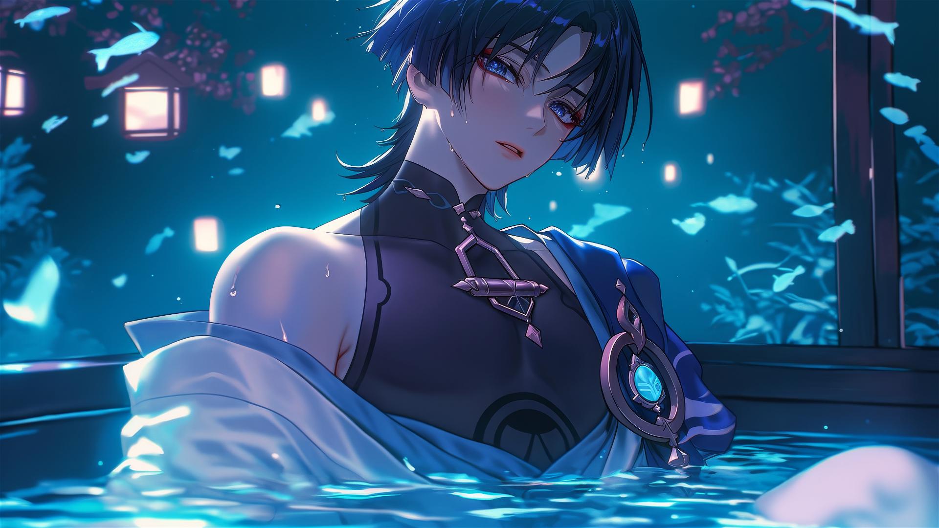Scaramouche from Genshin Impact with short indigo hair and eyeliner, resting in a tub with moonlight glow.