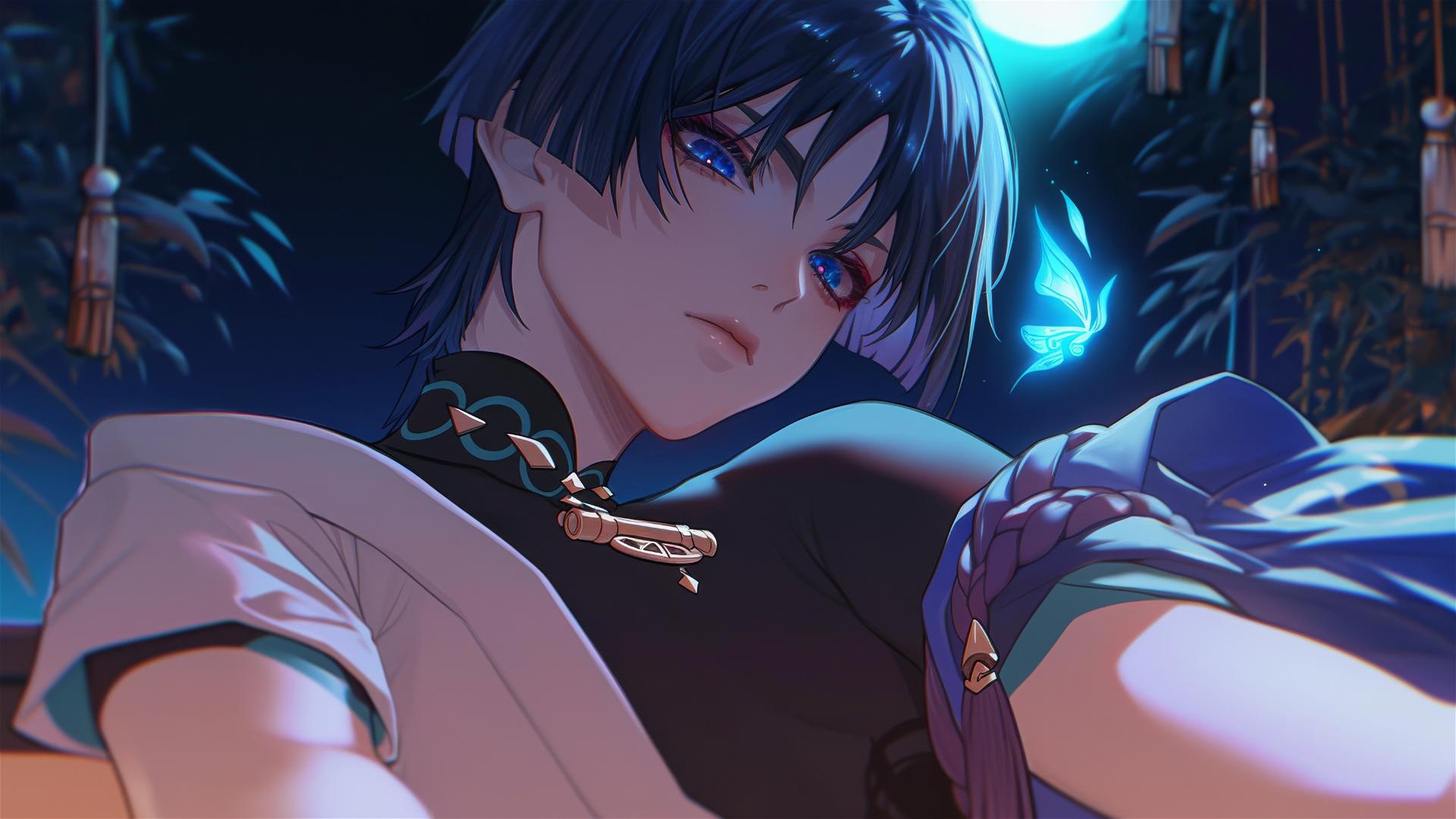 Scaramouche from Genshin Impact, slender with indigo hair and eyes, resting.