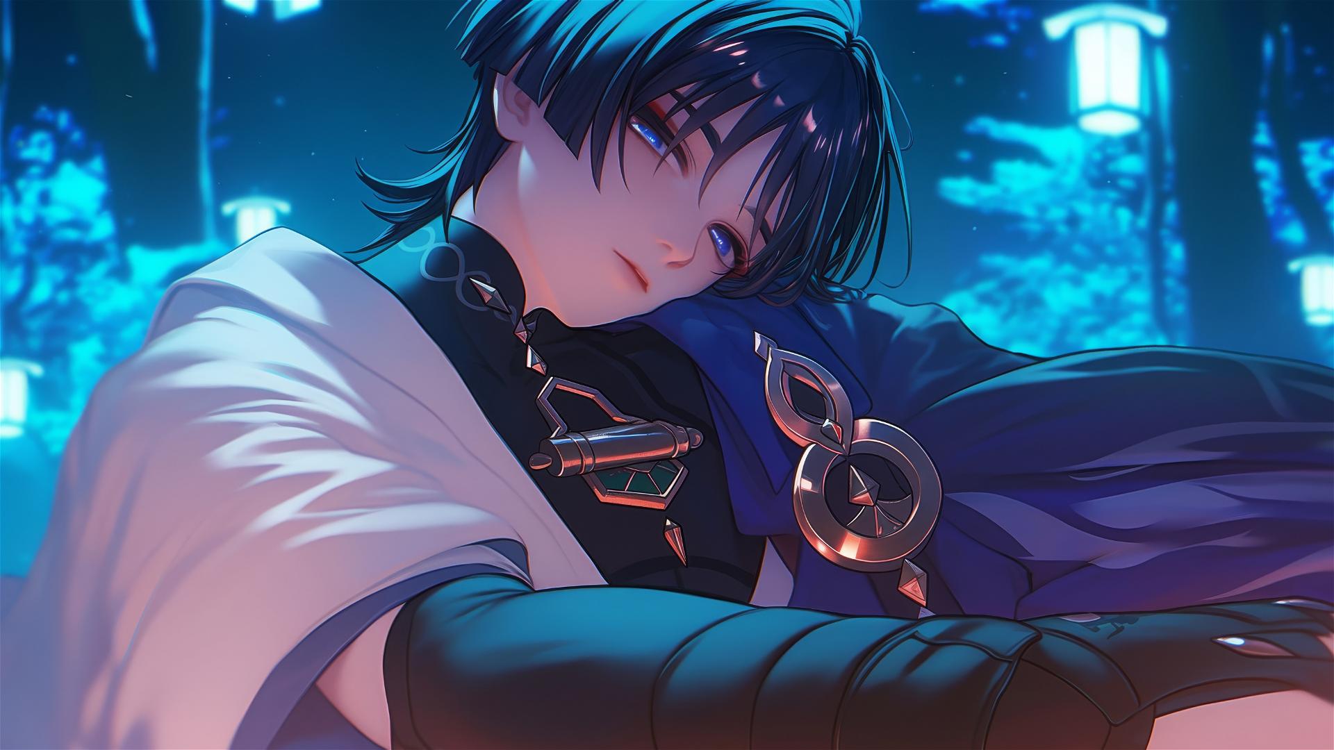 Scaramouche from Genshin Impact, resting in warm light, slim and muscular.