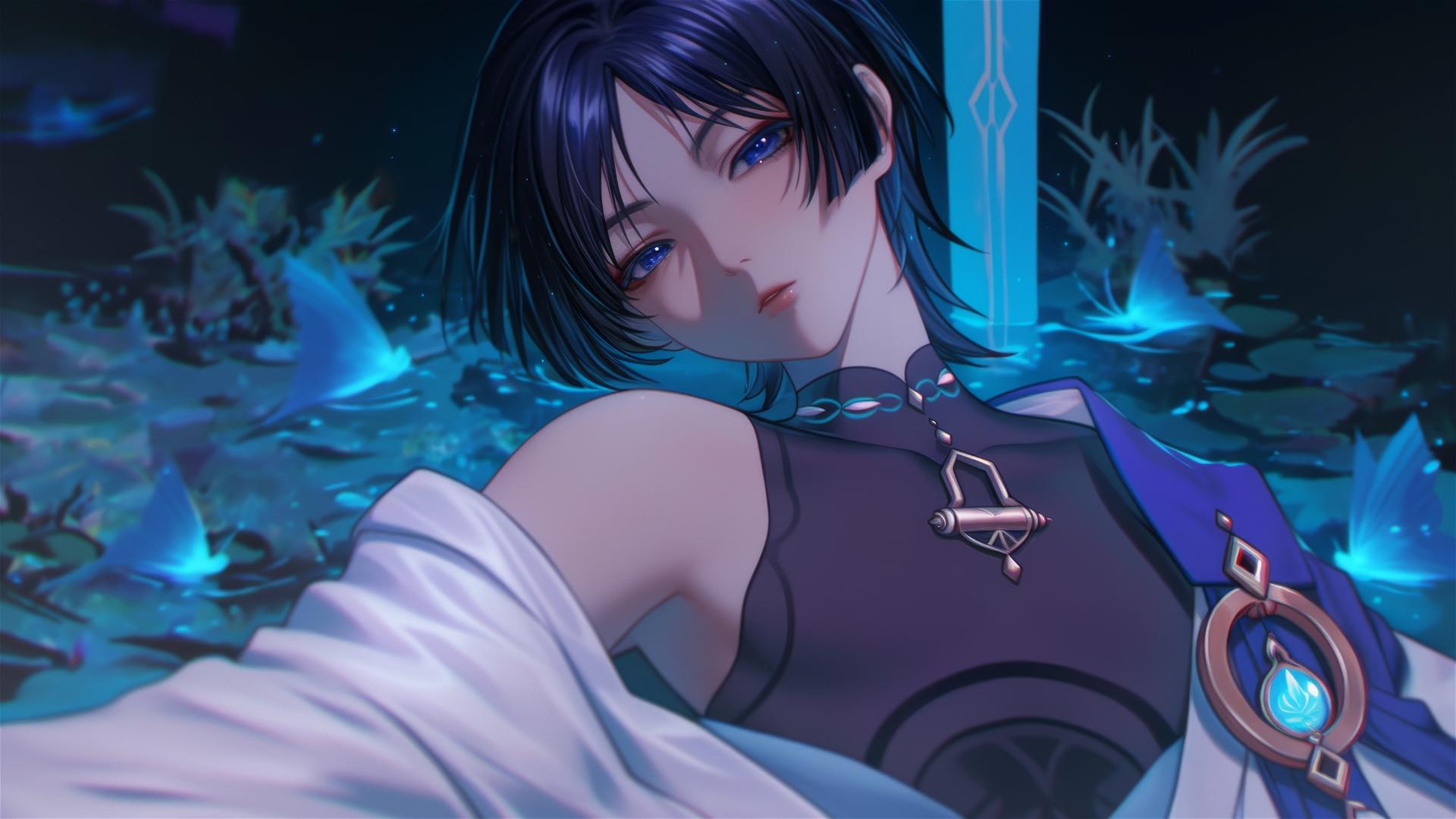 Scaramouche from Genshin Impact, slender with short indigo hair, indigo eyes, resting in warm light.