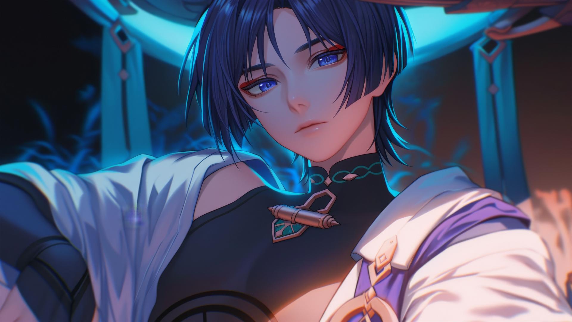 Scaramouche from Genshin Impact resting in warm light