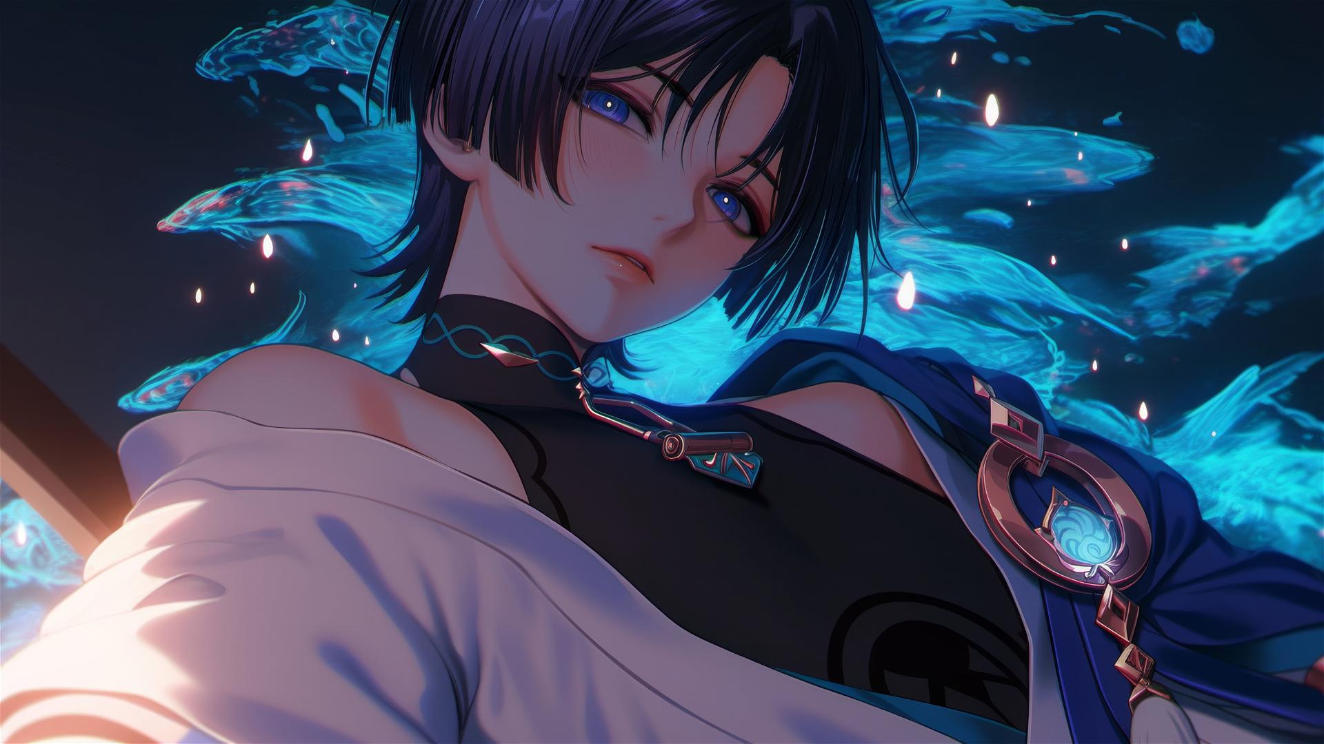 Scaramouche from Genshin Impact with short indigo hair and eyes, resting under warm light.