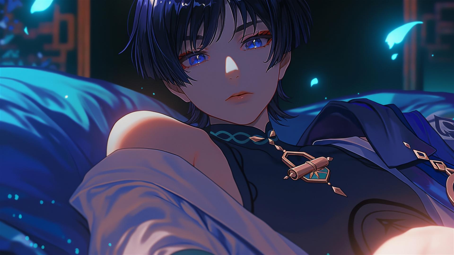 Scaramouche from Genshin Impact with short indigo hair and bold eyeliner, resting beautifully in warm light.