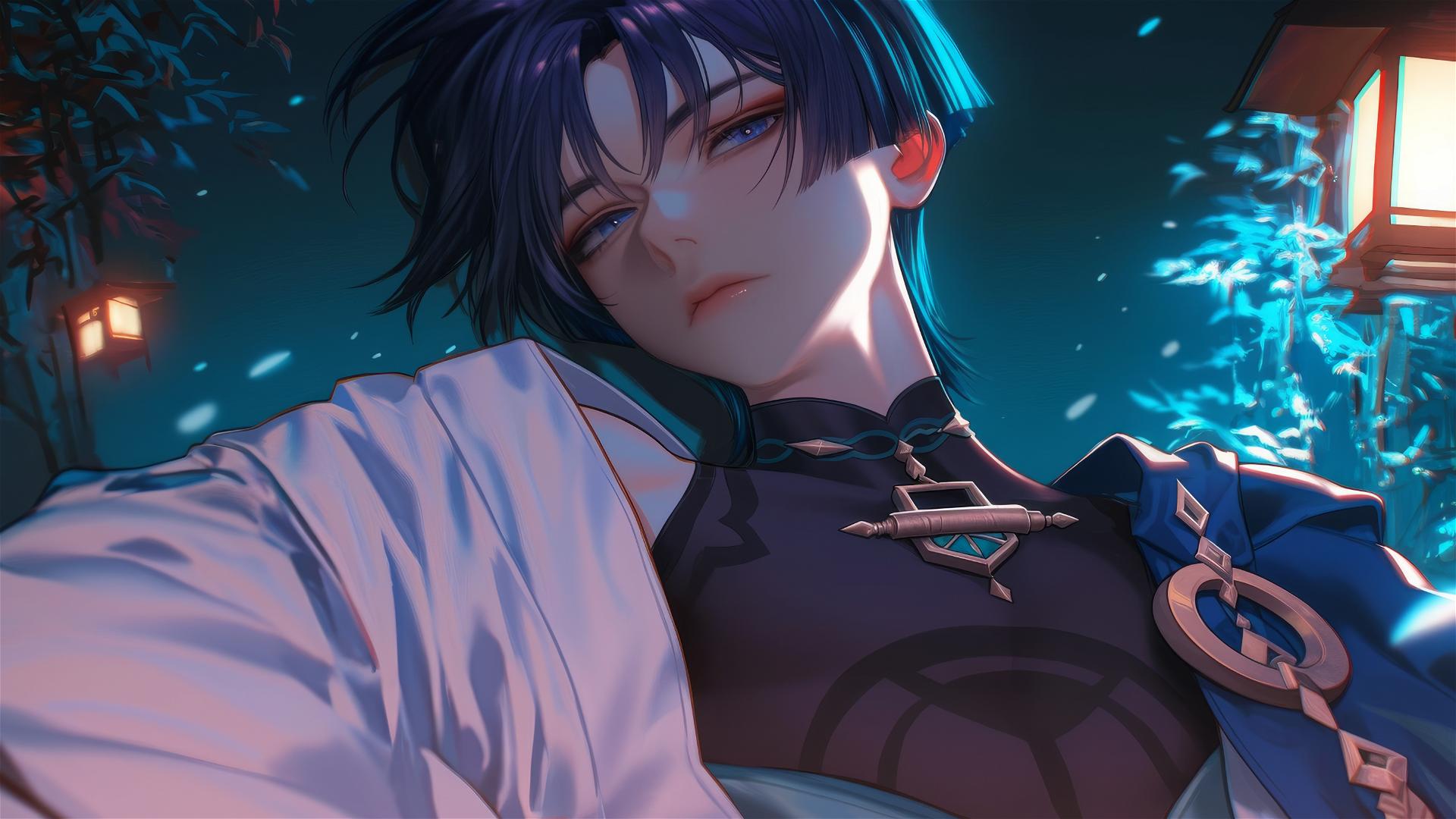 Scaramouche from Genshin Impact, slender with short indigo hair and eyes, resting in warm light.