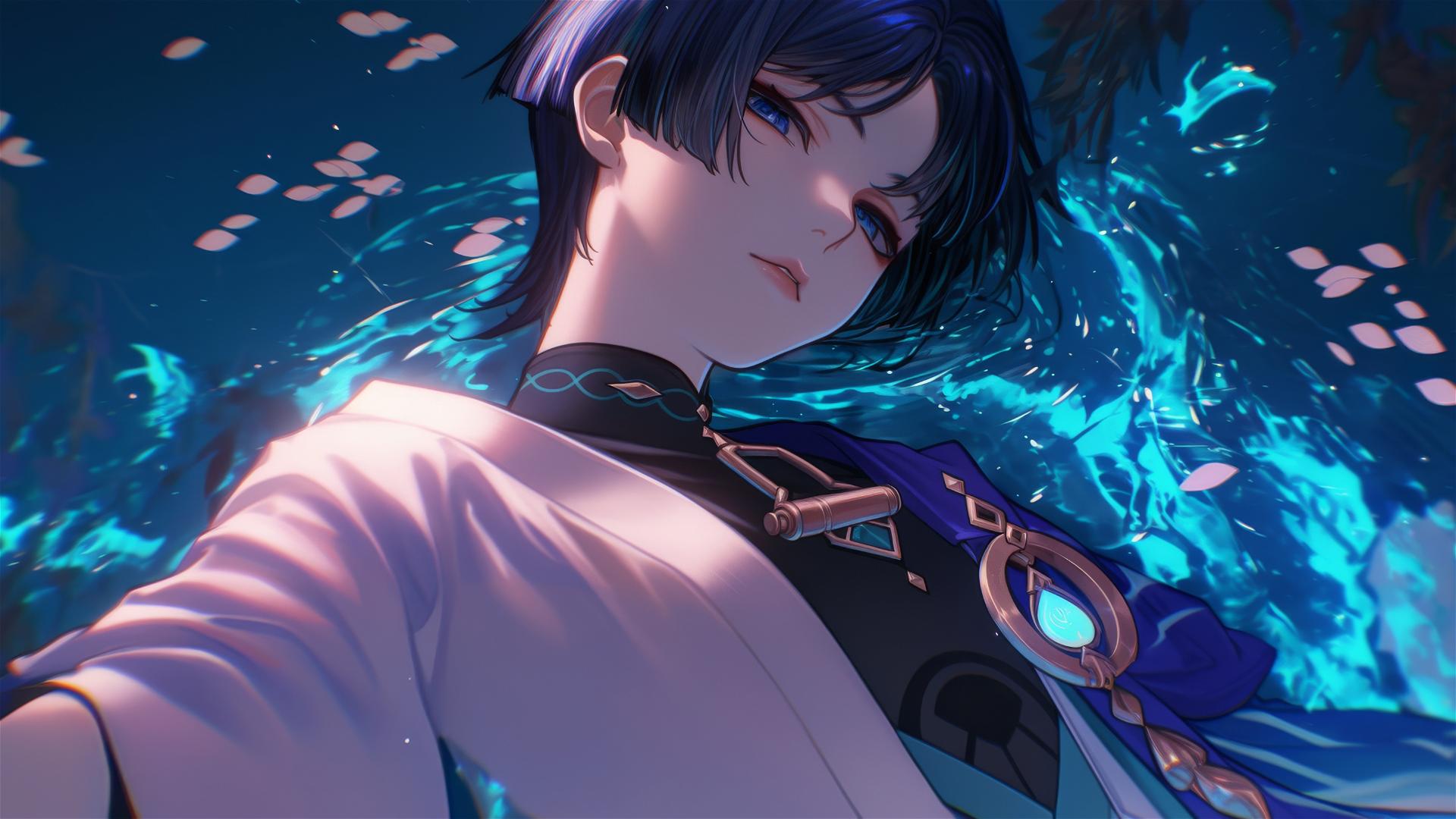 Scaramouche from Genshin Impact resting, with short indigo hair and eyes, in warm light