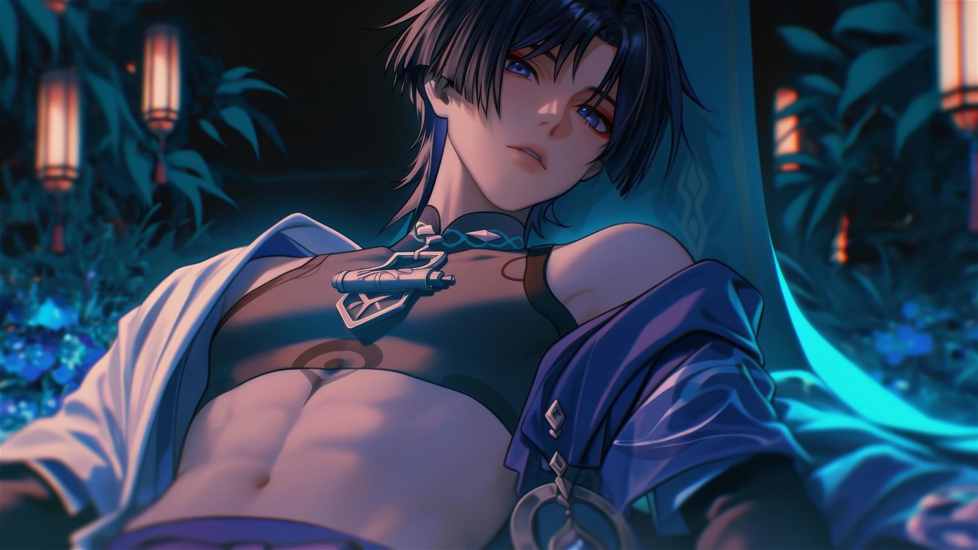 Scaramouche from Genshin Impact, slender with short indigo hair, resting in warm light.