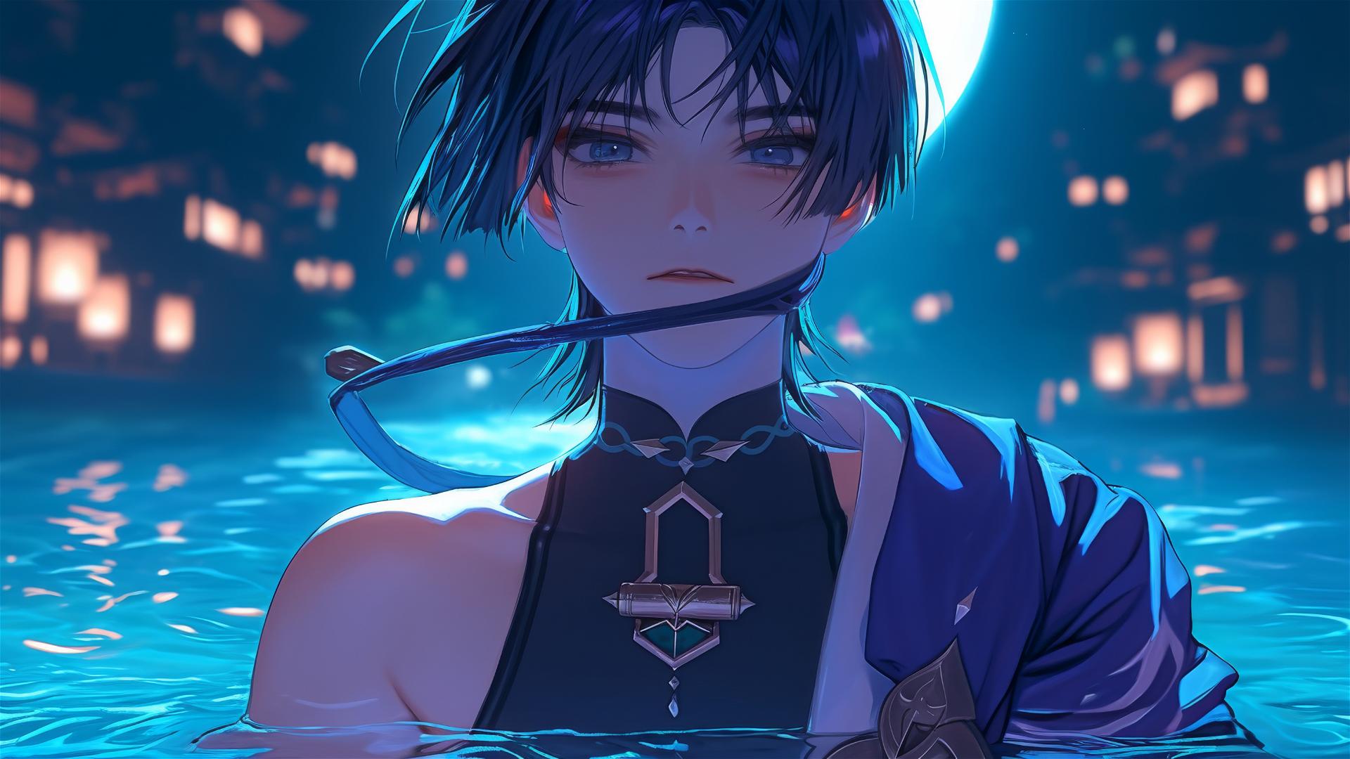 Scaramouche from Genshin Impact, slender with short indigo hair, relaxing in a rainy moonlit pool.