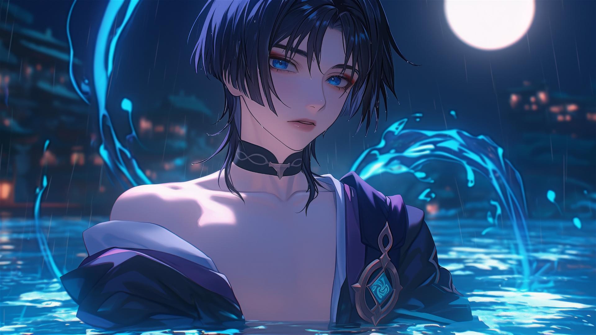 Scaramouche from Genshin Impact with short indigo hair and bold eyeliner, relaxing in a moonlit rainy pool.