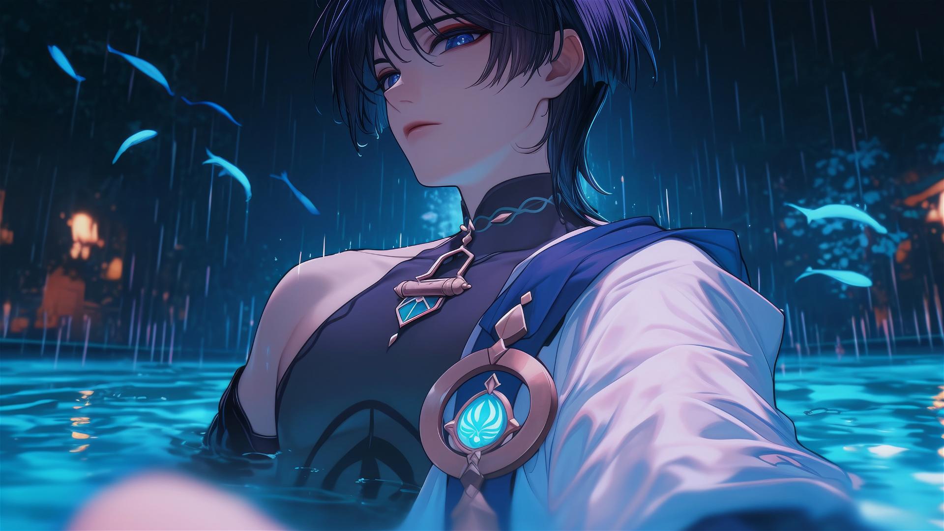 Scaramouche with short indigo hair, indigo eyes, resting in a rainy pool under moonlight.