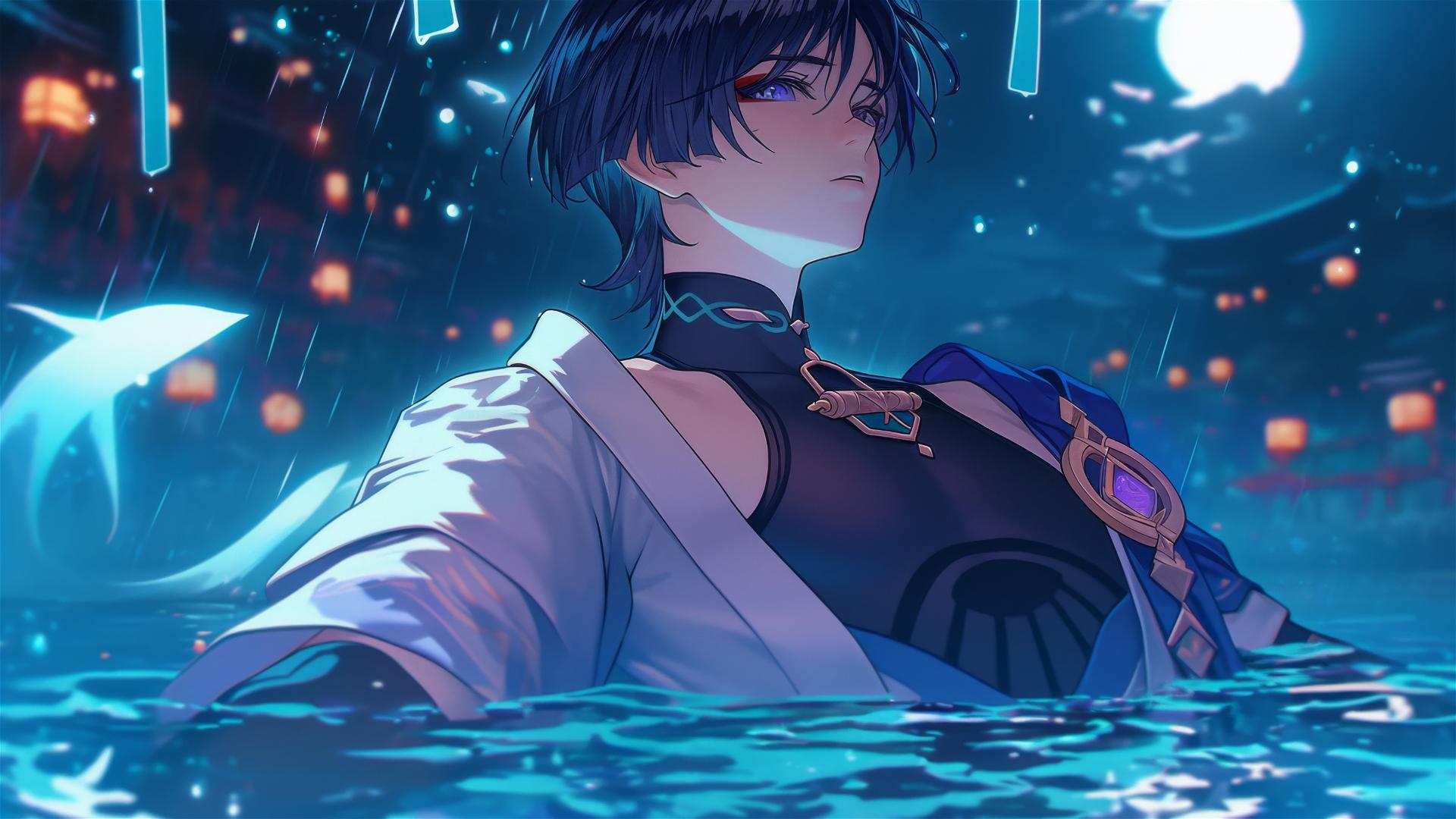 Scaramouche from Genshin Impact with indigo hair and eyes, resting in a moonlit pool.
