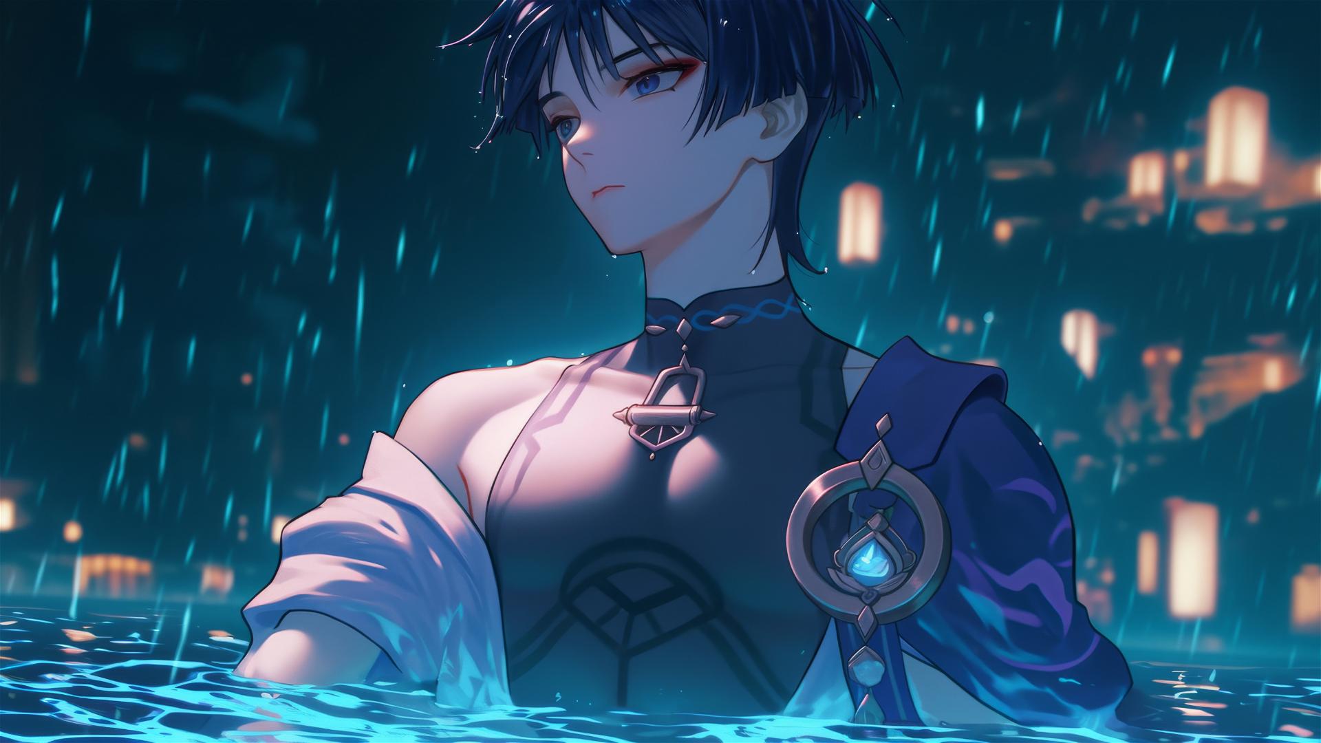 Scaramouche with short indigo hair leisurely resting in a rainy pool under moonlight.