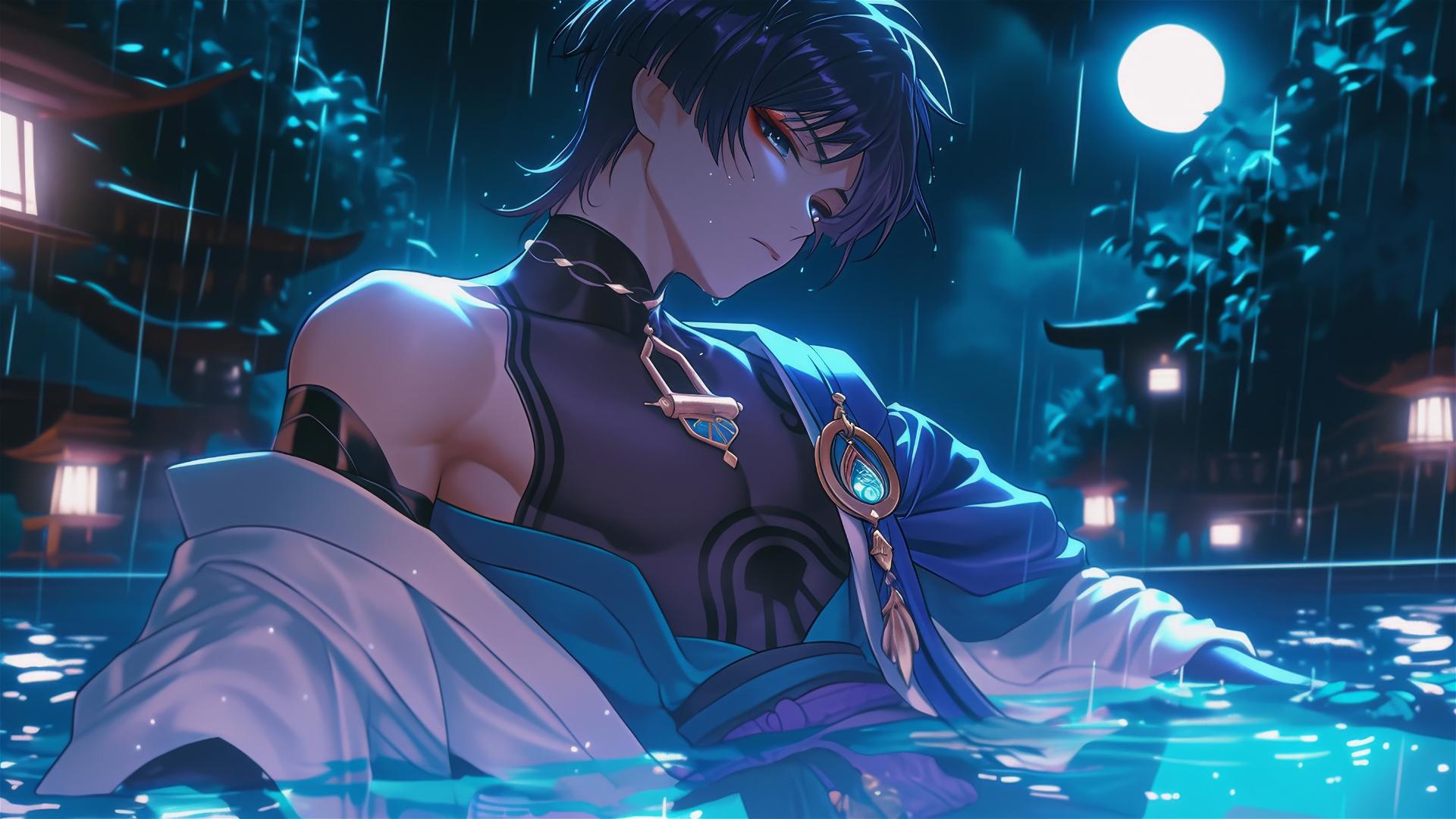 Scaramouche from Genshin Impact resting in a rainy swimming pool with moonlight glow