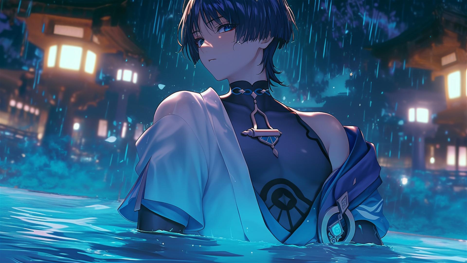 Scaramouche from Genshin Impact with indigo hair and eyes, rests in a rainy swimming pool under moonlight.