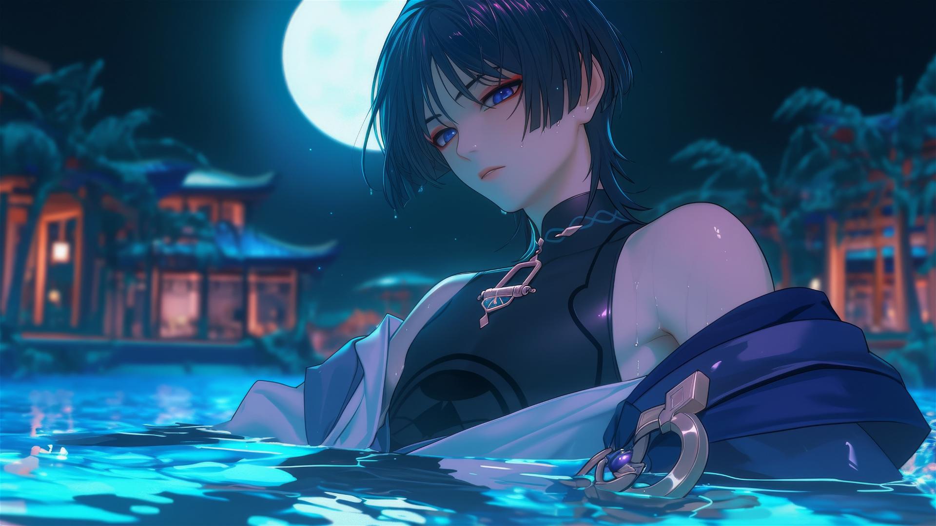 Scaramouche from Genshin Impact resting in a rainy pool with moonlight glow
