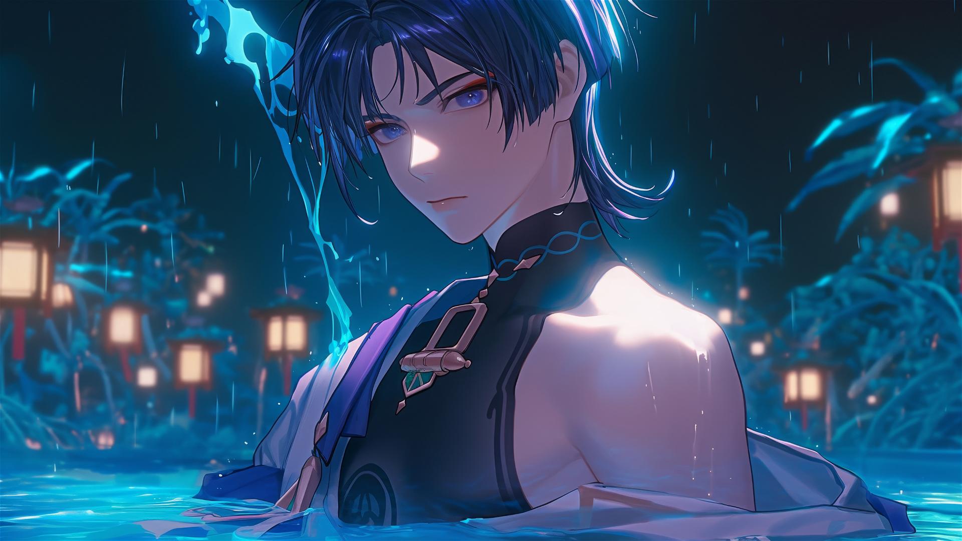 Scaramouche from Genshin Impact, slender with short indigo hair and eyes, resting in a rainy pool with moonlight.