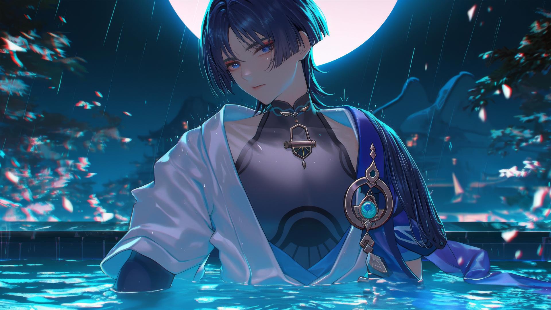 Scaramouche from Genshin Impact with short indigo hair and bold eyeliner resting in a rainy swimming pool under moonlight.