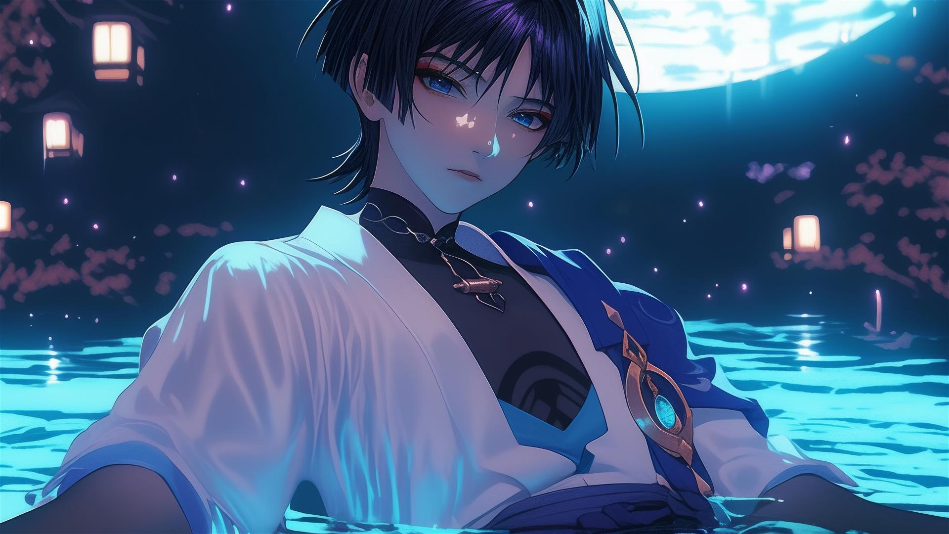 Scaramouche from Genshin Impact resting in a rainy swimming pool under moonlight.