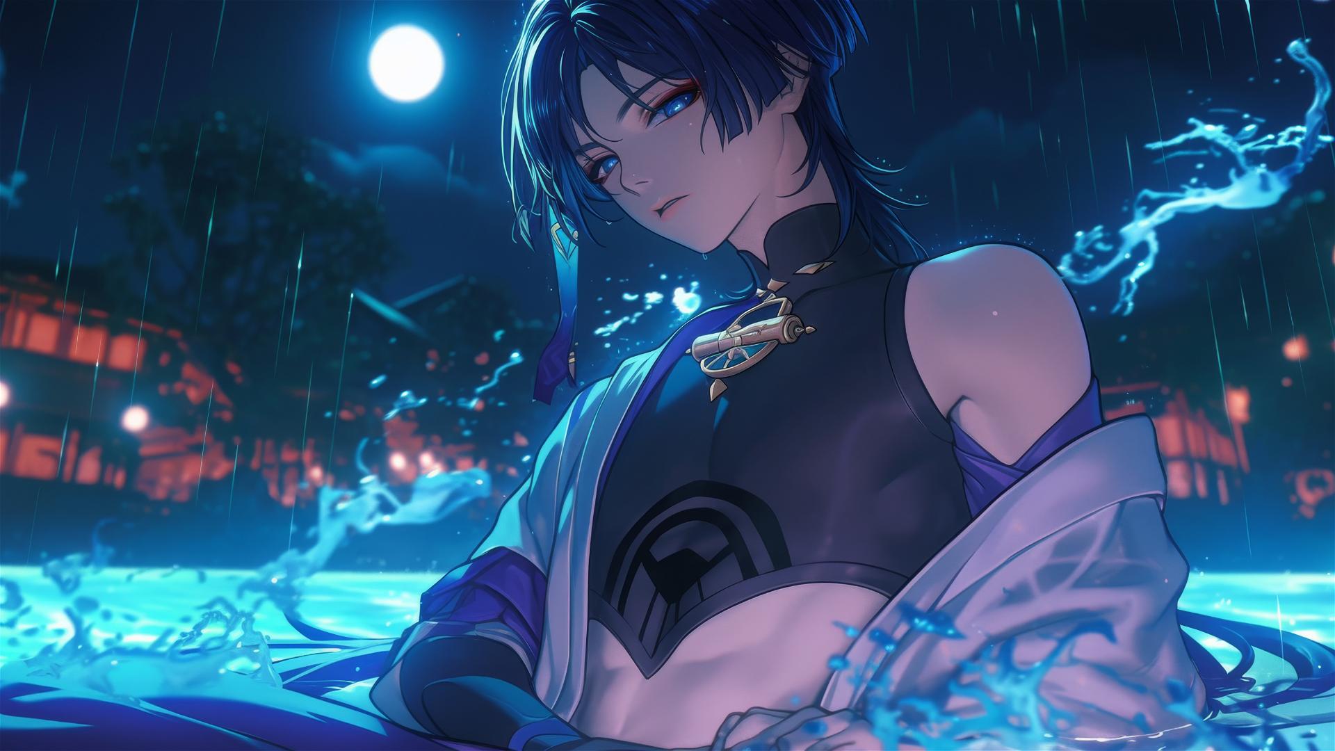 Scaramouche from Genshin Impact relaxing in a rainy swimming pool under moonlight