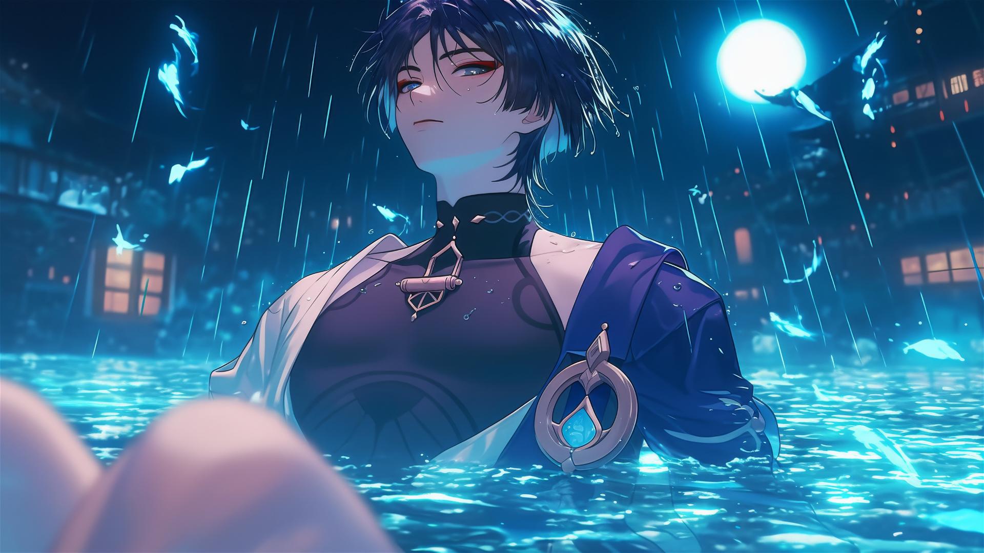 Scaramouche from Genshin Impact resting in a rainy pool under moonlight