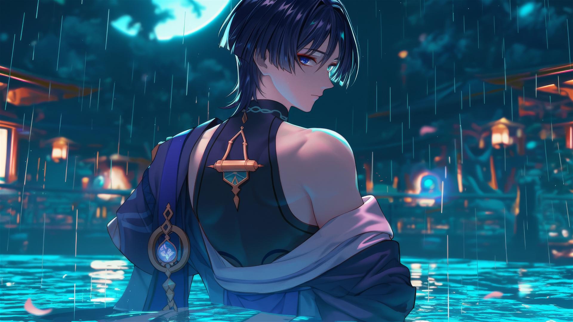 Scaramouche from Genshin Impact resting in a rainy swimming pool illuminated by moonlight.