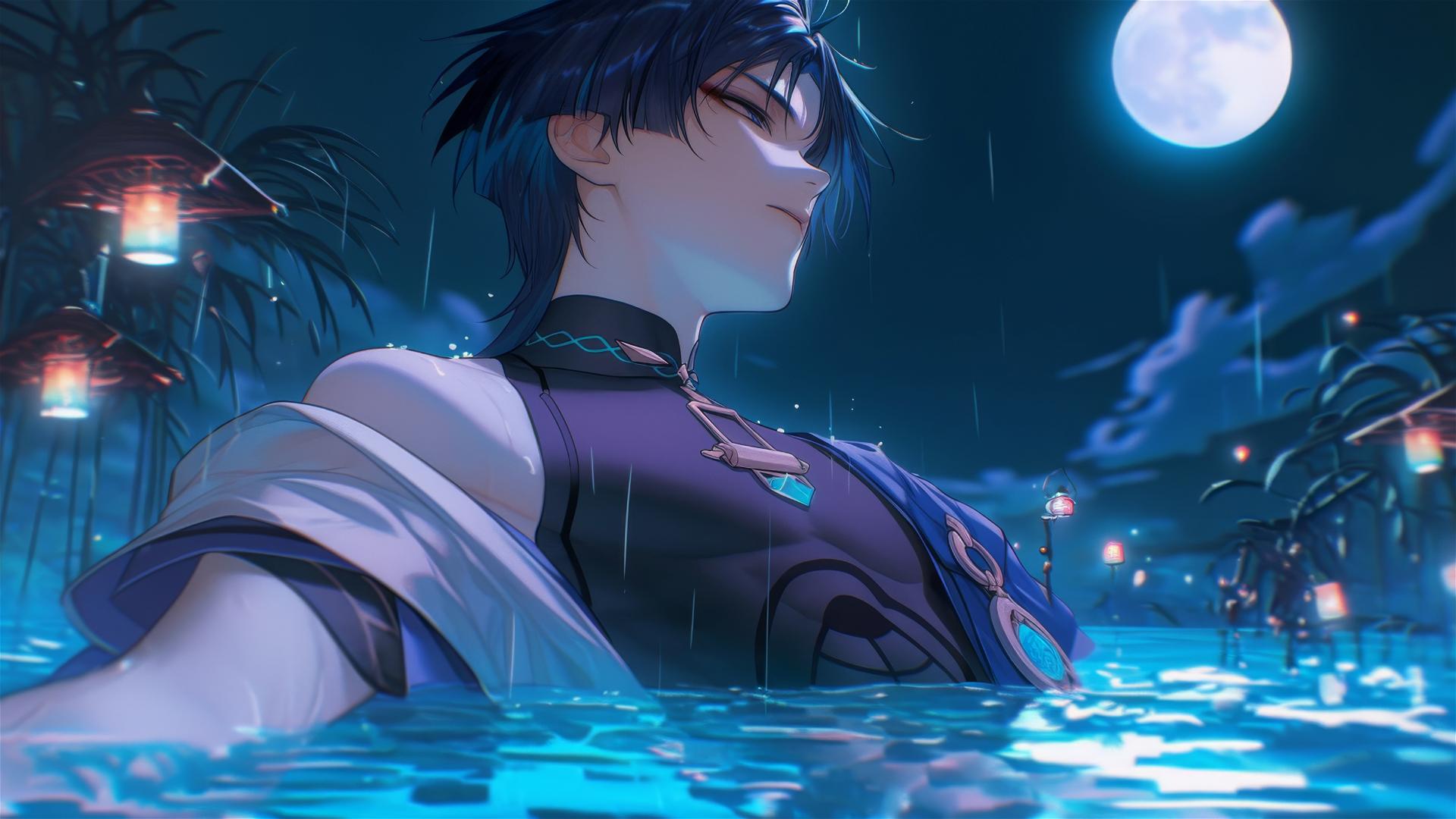 Scaramouche from Genshin Impact with indigo hair and eyes, resting in a rainy swimming pool under moonlight.