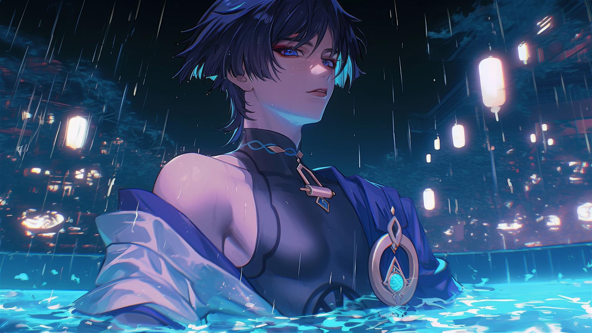 Scaramouche from Genshin Impact resting in a rainy swimming pool under moonlight