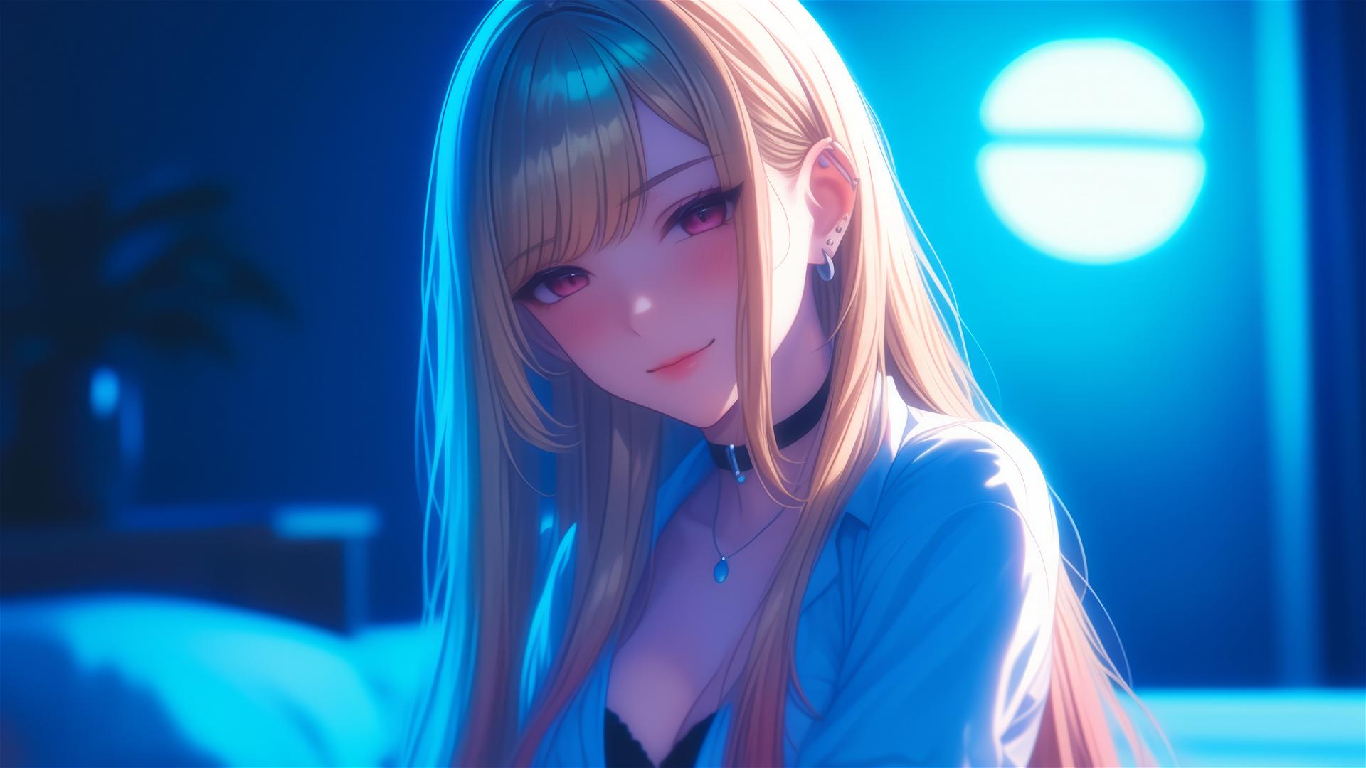 Marin Kitagawa from Kurikami City sitting on a hotel bed with moonlight casting a soft glow.
