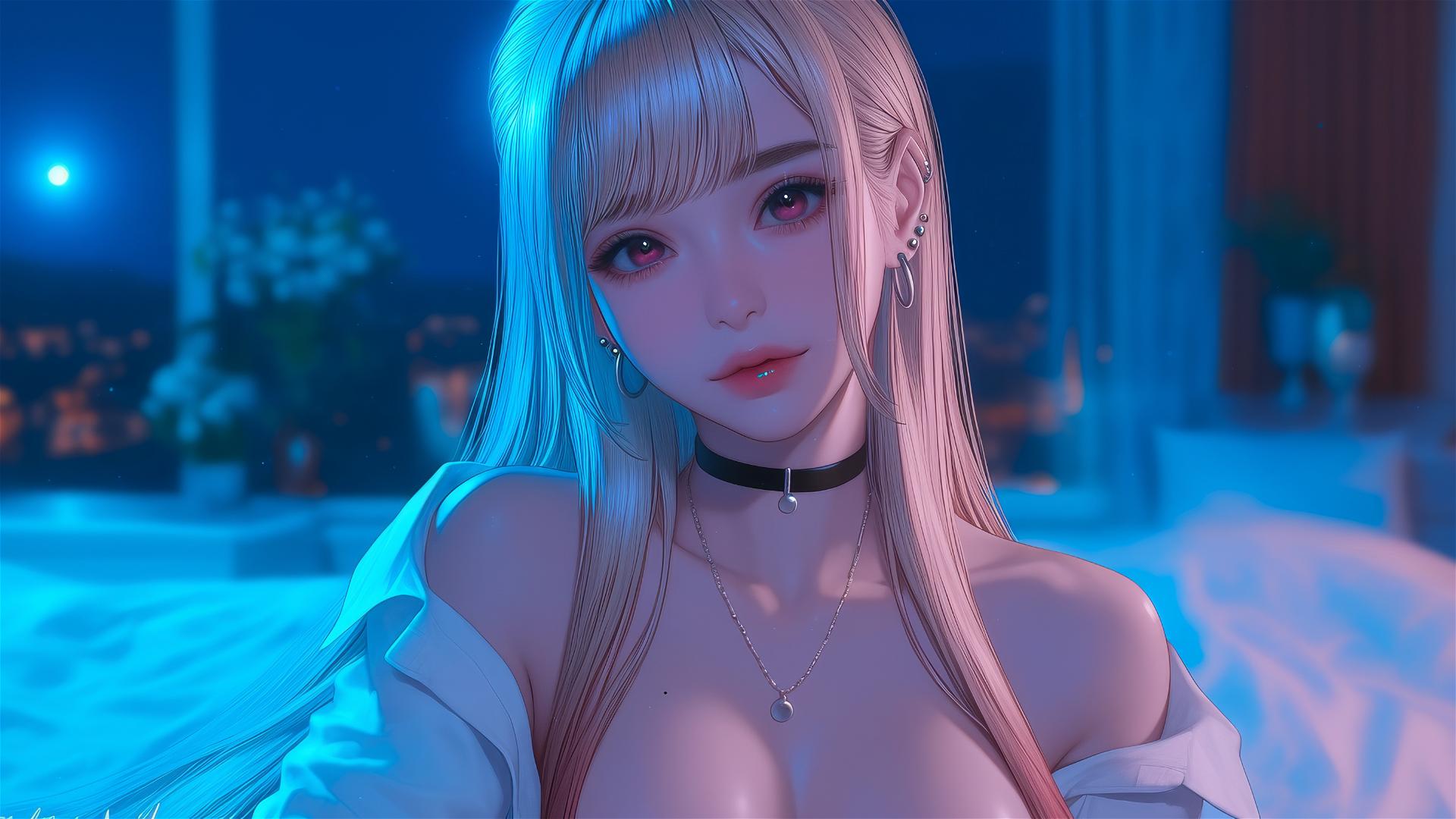 Marin Kitagawa sitting on a hotel bed, moonlight highlighting her silky blonde hair.