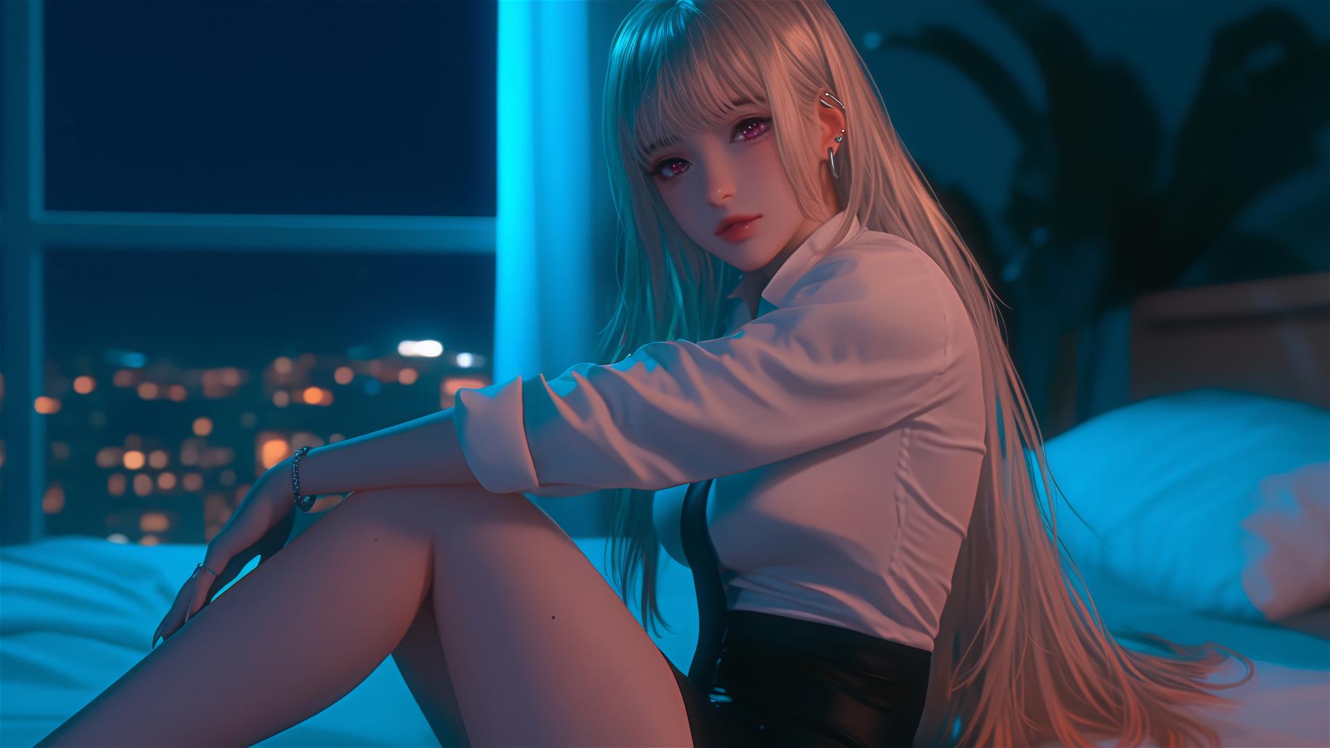 Marin Kitagawa with silky blonde hair tipped with pinkish-red, sitting on hotel bed with moonlight glow