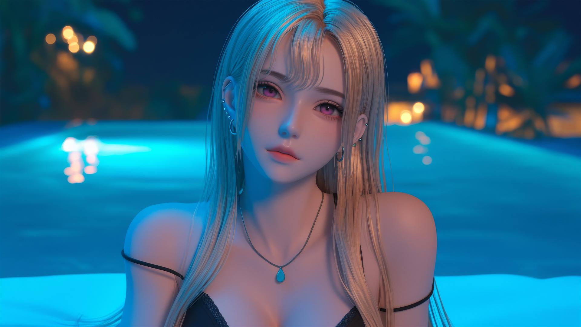 Marin Kitagawa sitting on a hotel bed under moonlight, with silky blonde hair and pinkish eyes.