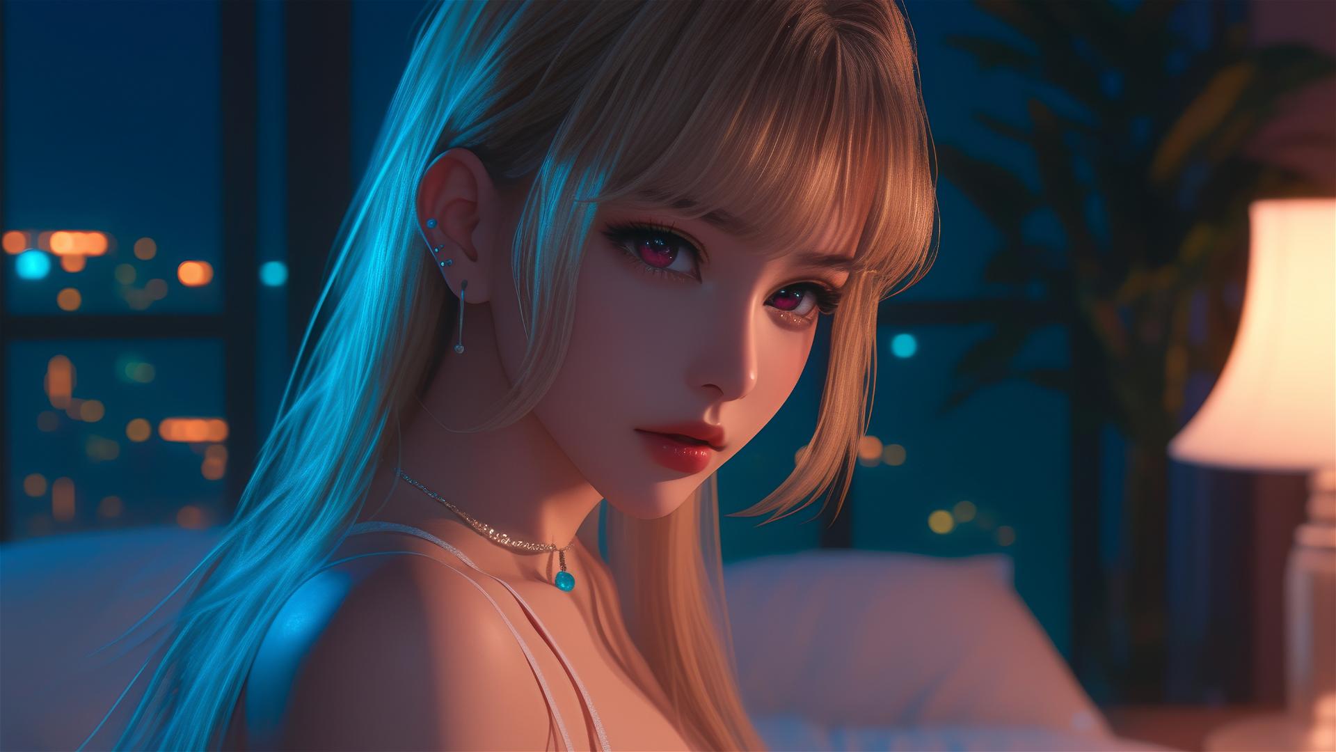 Marin Kitagawa sitting on a hotel bed under moonlight, with silky blonde hair tipped with pinkish-red, and pink eyes.
