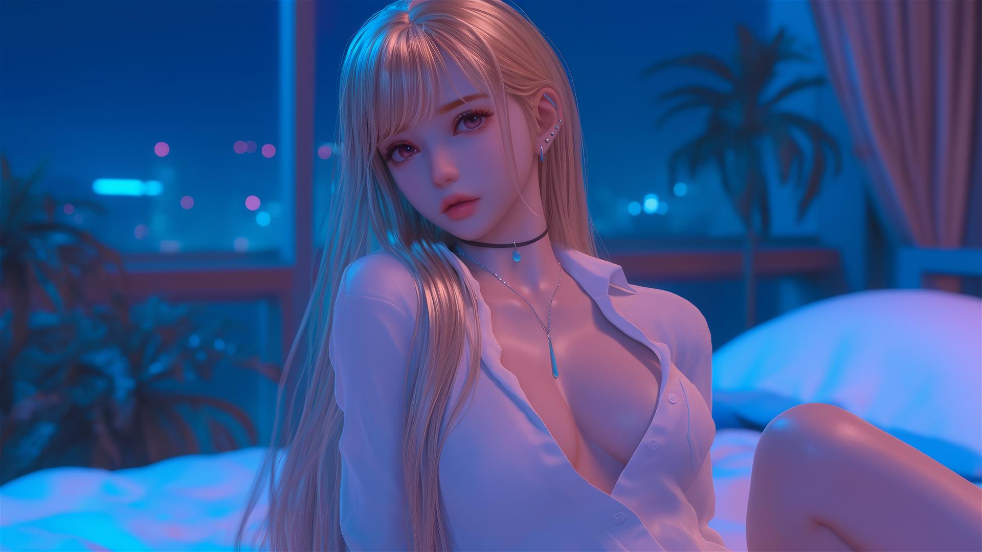 Marin Kitagawa sitting on hotel bed illuminated by moonlight, blonde hair with pink-red tips.