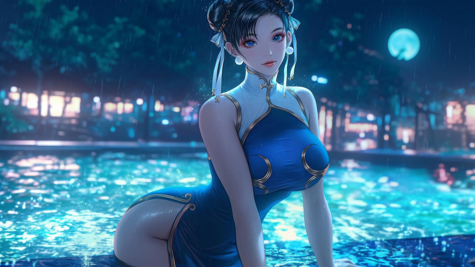 Chun Li standing in a rainy swimming pool under moonlight