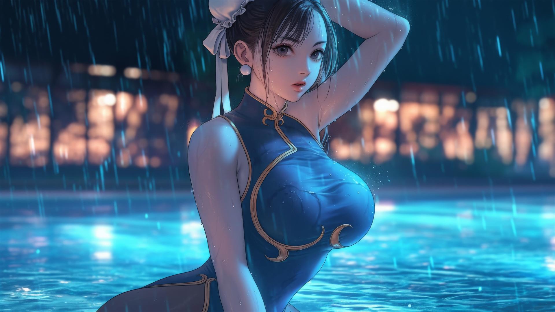 Chun Li from Street Fighter standing in a rainy swimming pool under moonlight