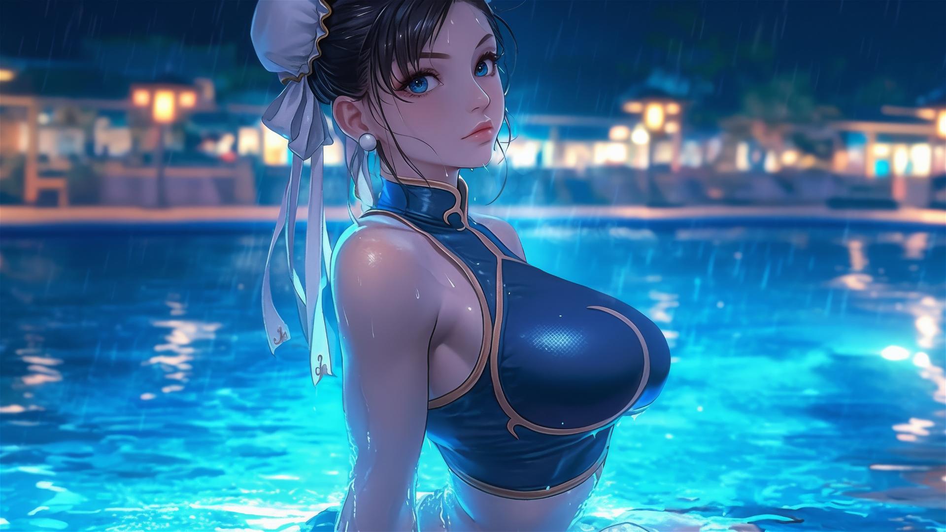 Chun Li standing in a rainy swimming pool with moonlight glowing on her
