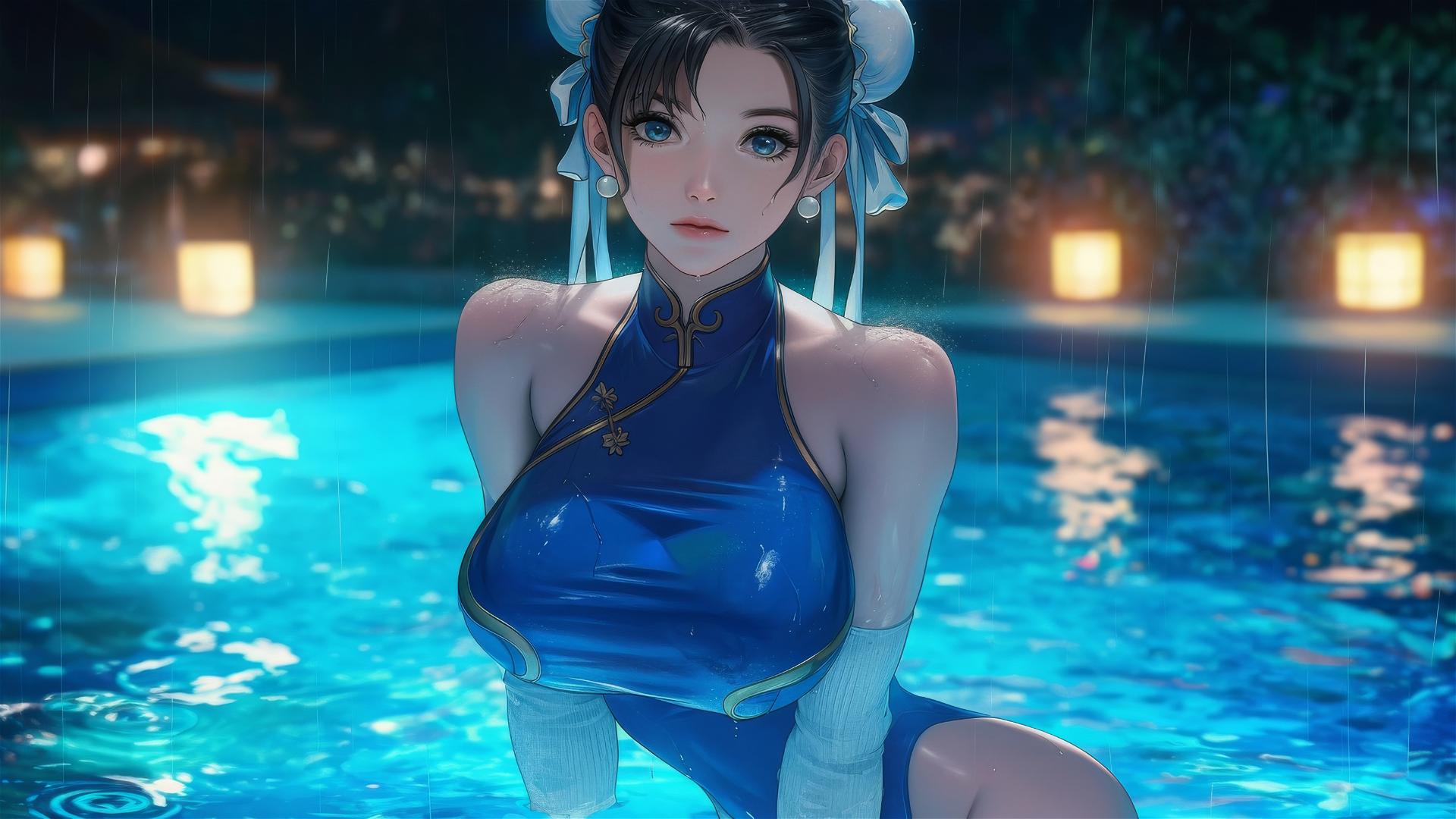 Chun Li stands in rainy swimming pool under moonlight