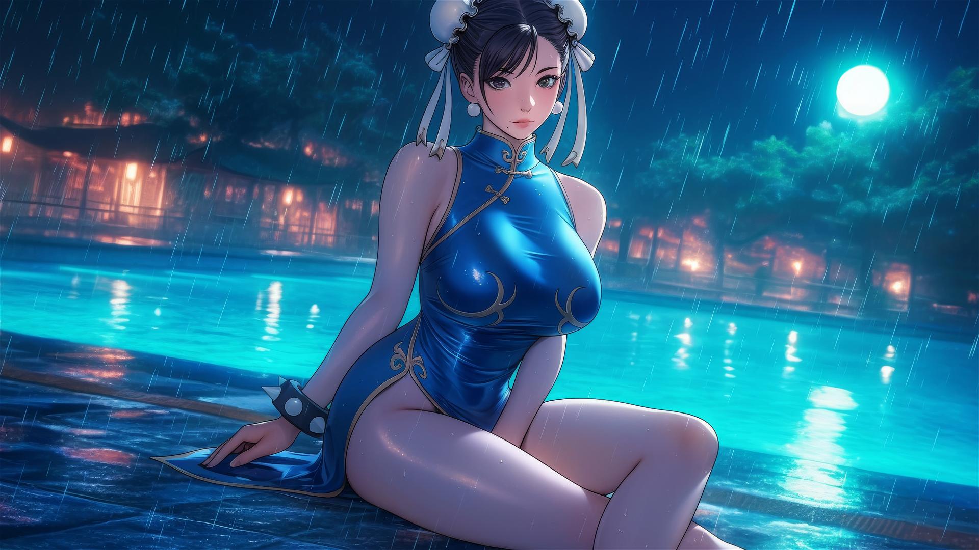 Chun Li resting at rainy pool under moonlight