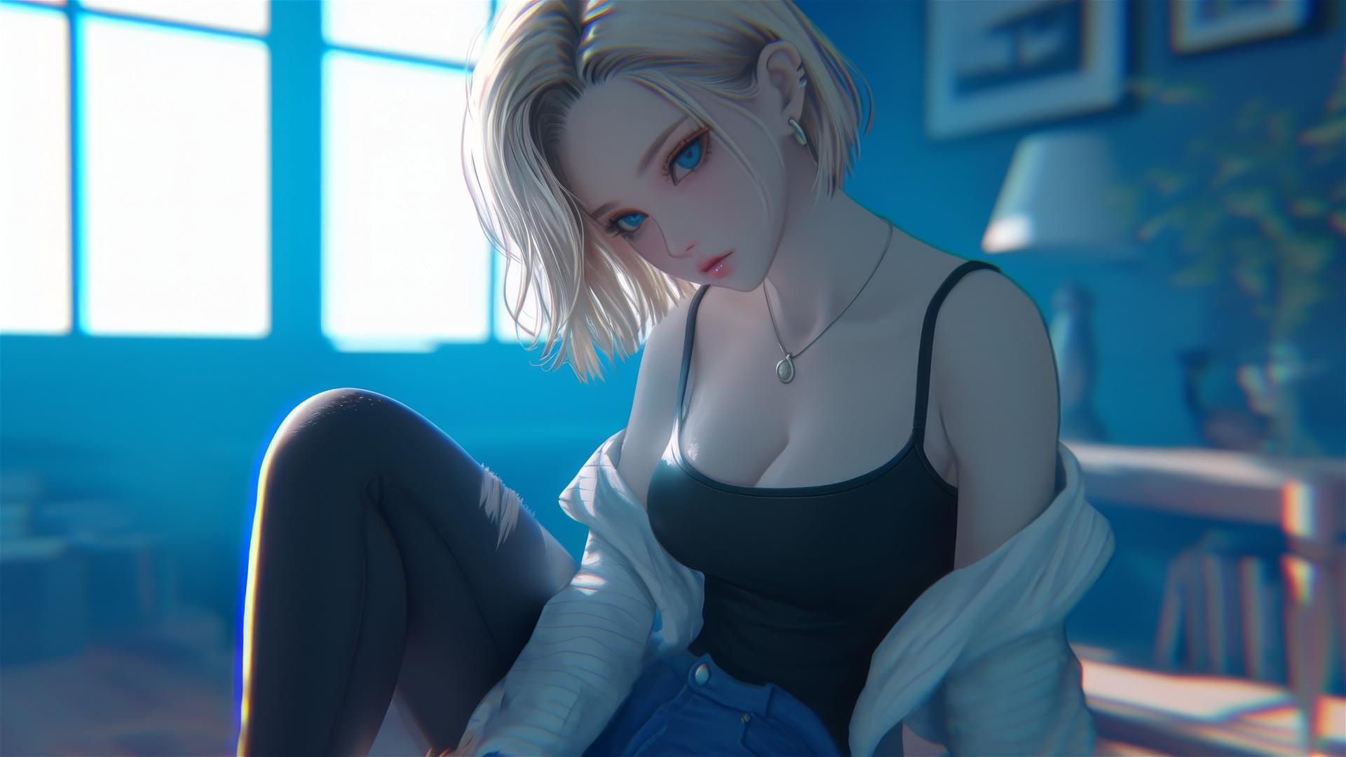 Android 18 resting in a modern hotel room with moonlight glow