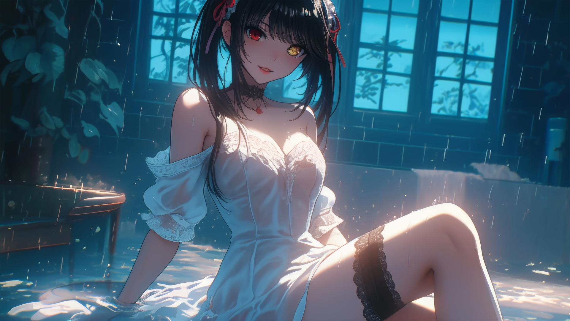 Kurumi Tokisaki resting in a bathtub under moonlight, red and yellow eyes