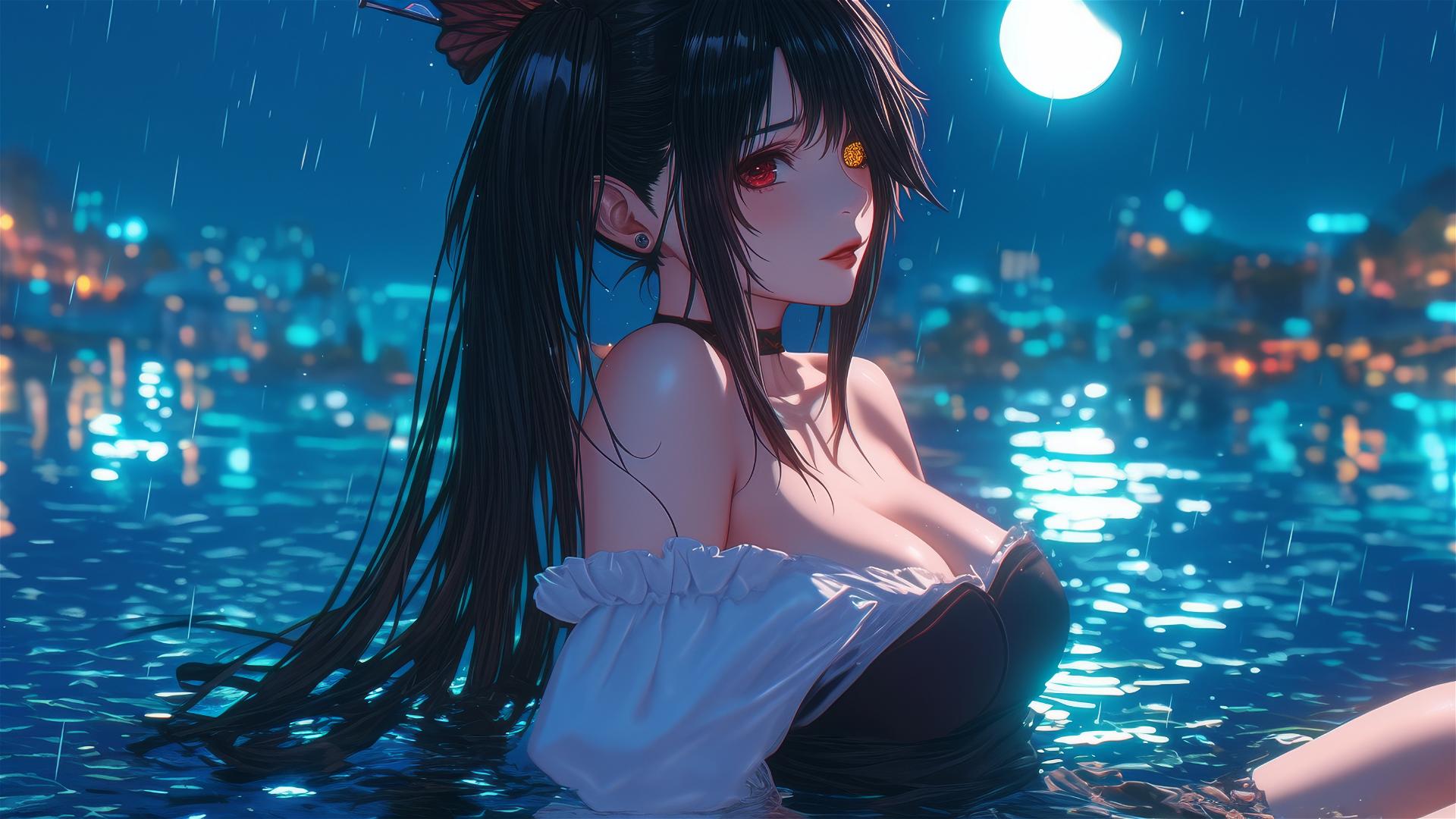 Kurumi Tokisaki from Date A Live resting in a tub, moonlight glow, rainy evening.