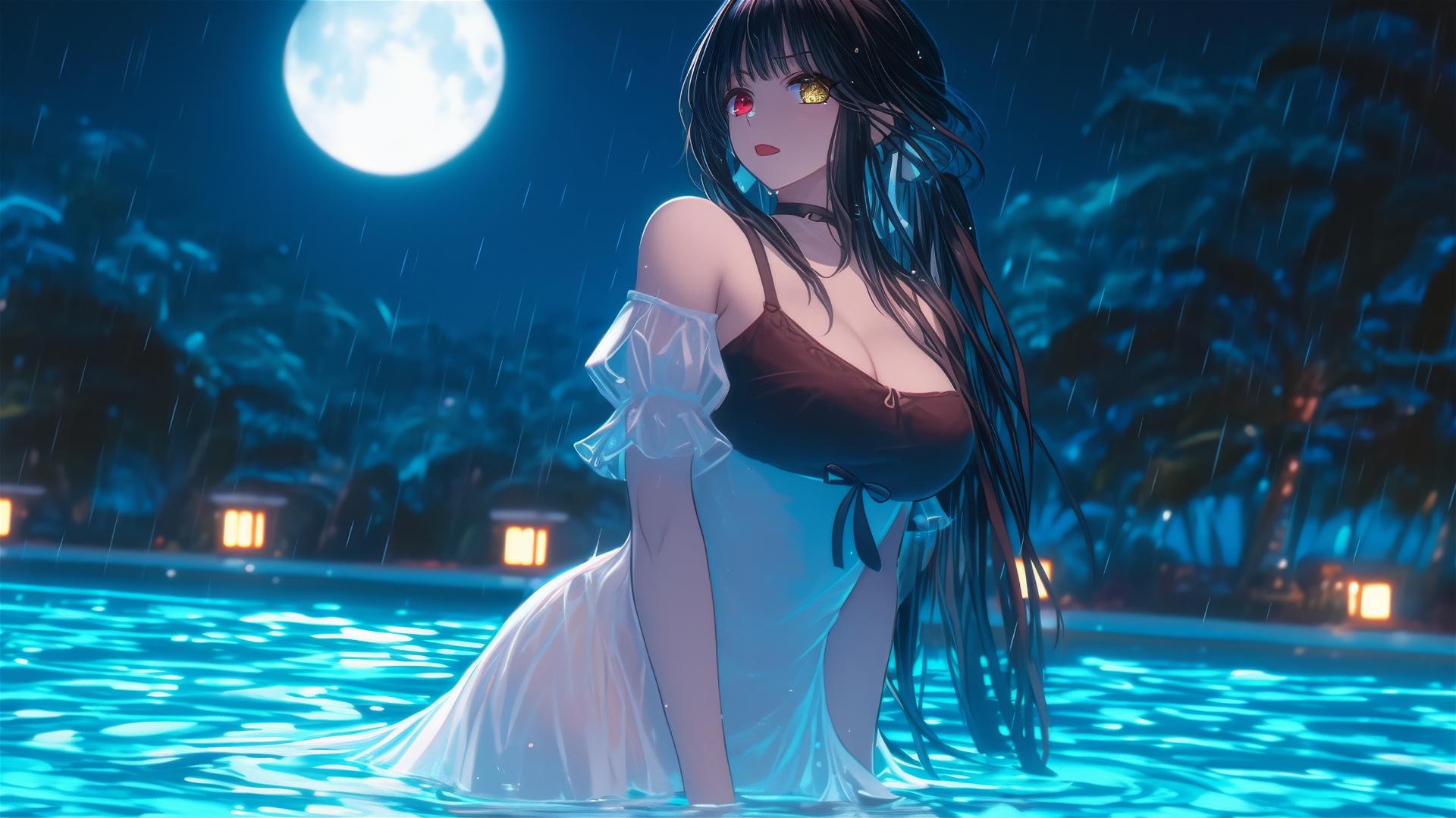 Kurumi Tokisaki standing in a rainy swimming pool with moonlight, wearing a white dress, and having heterochromatic eyes.