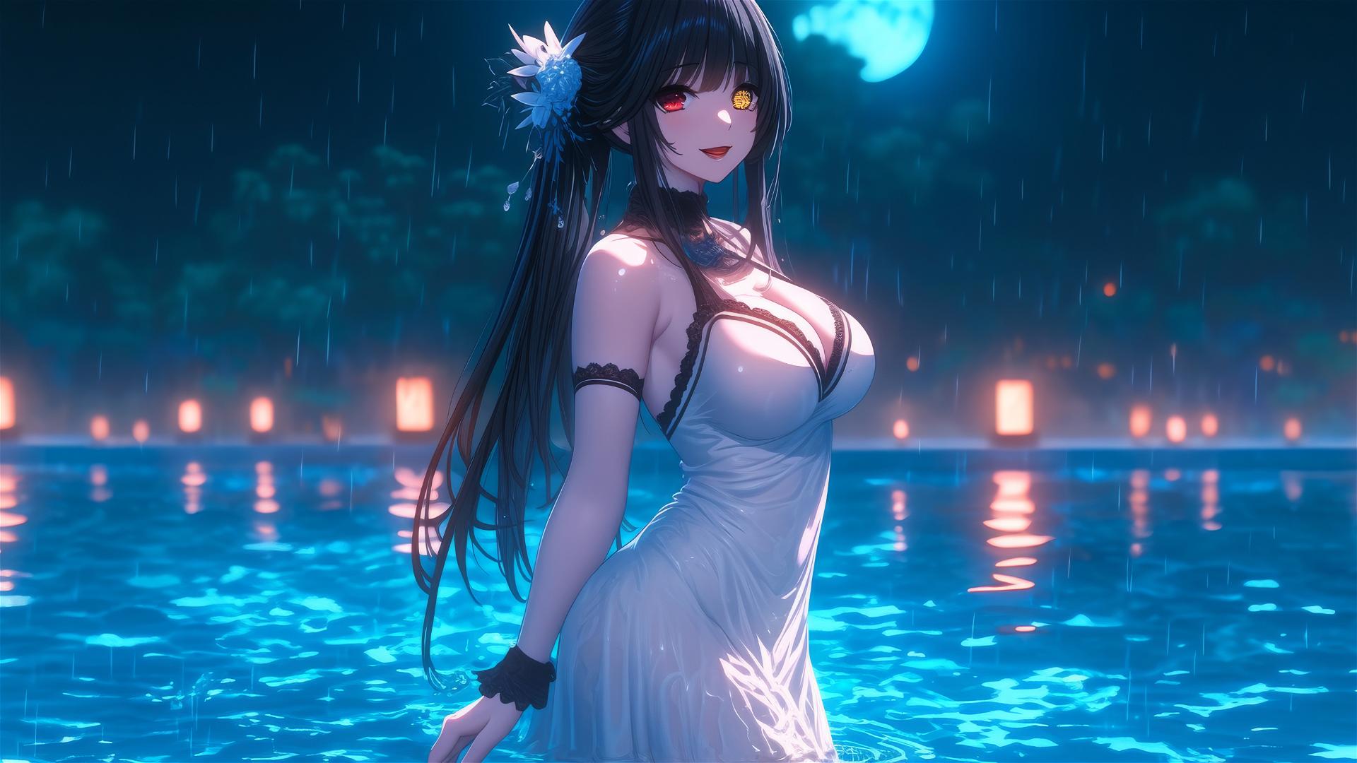 Kurumi Tokisaki from Date A Live in a rainy swimming pool with moonlight glow