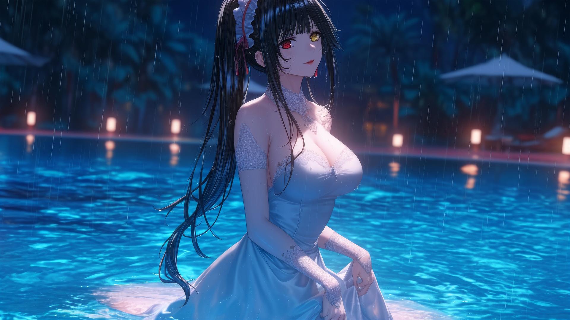 Kurumi Tokisaki standing in a rainy pool with moonlight, white dress, red and yellow eyes.