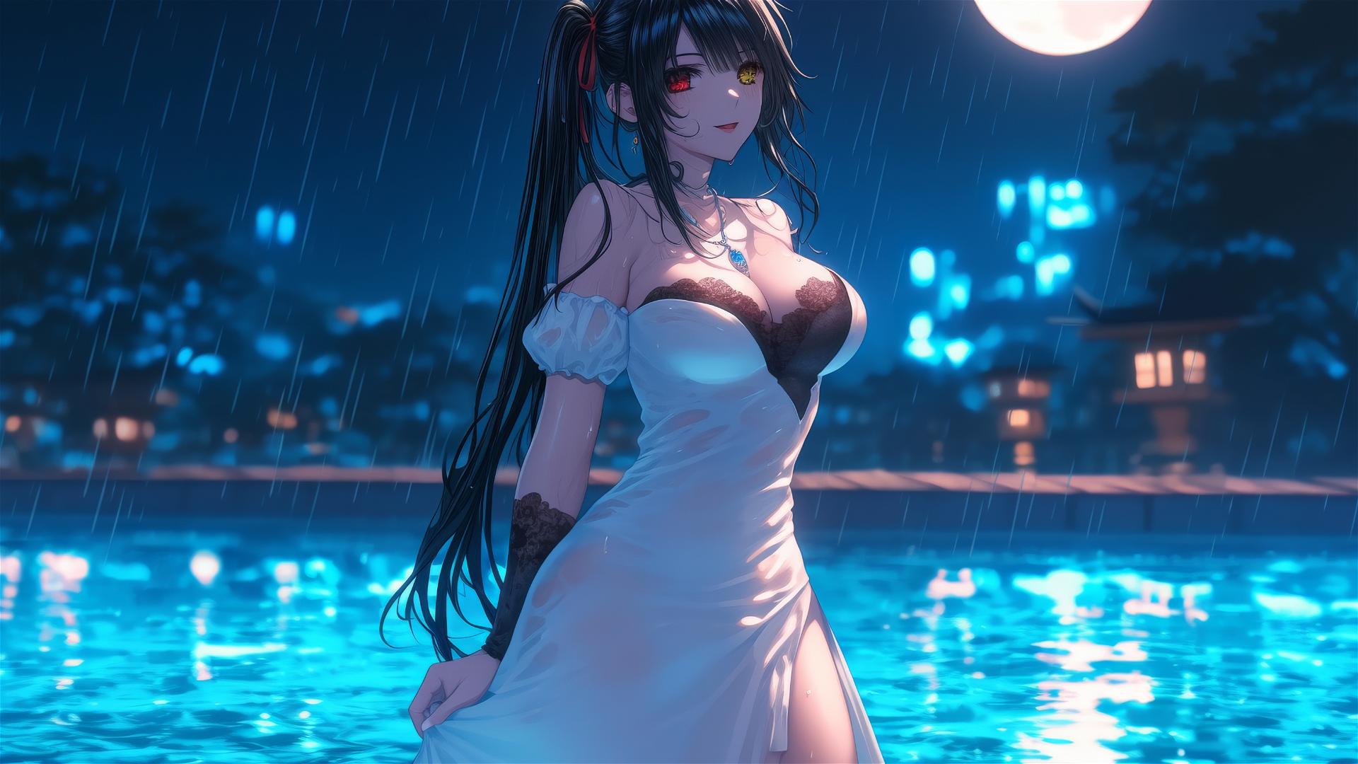 Kurumi Tokisaki standing in a rainy swimming pool under moonlight, wearing a white dress.
