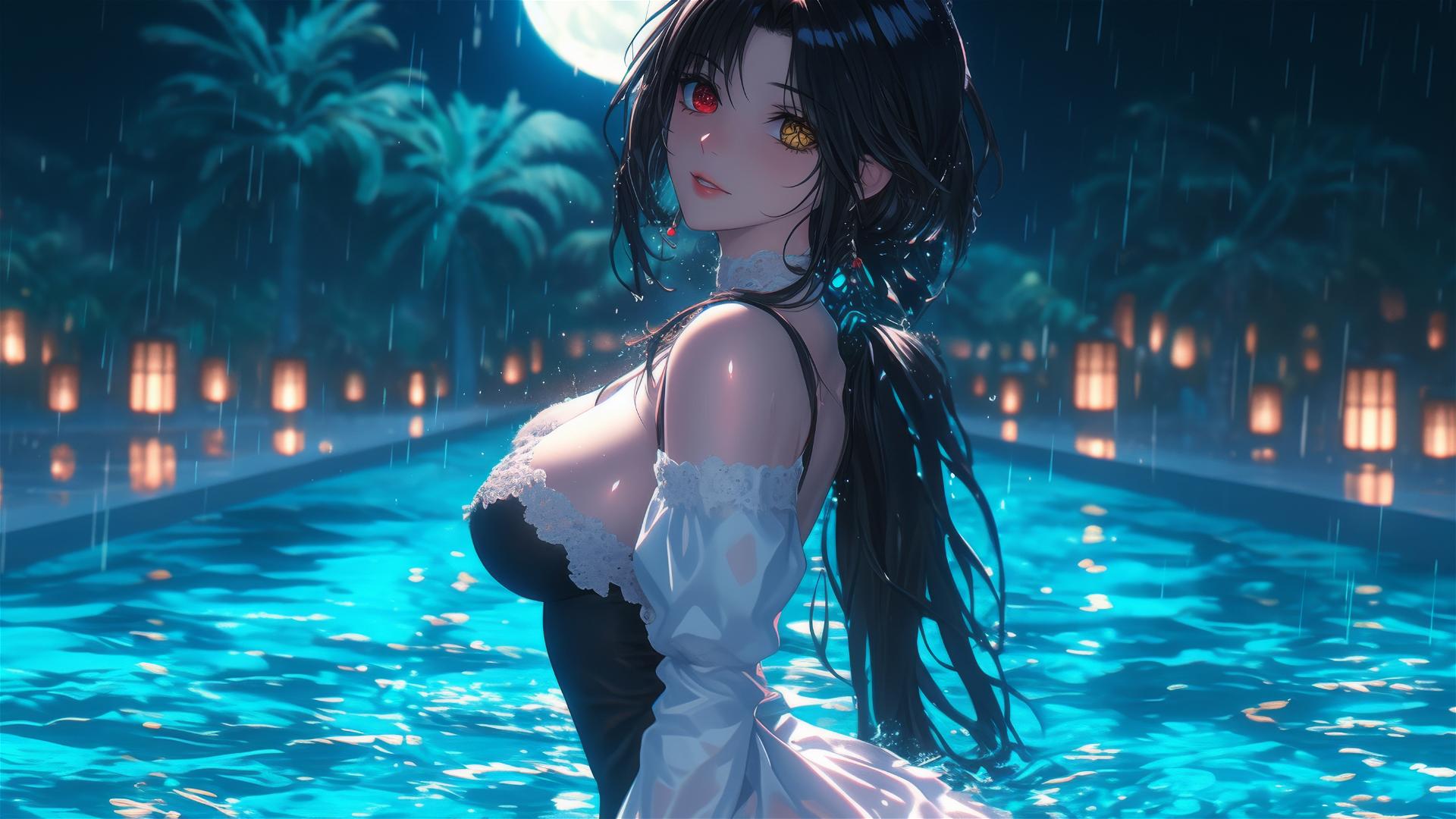 Kurumi Tokisaki standing in a rainy pool illuminated by moonlight wearing a white dress